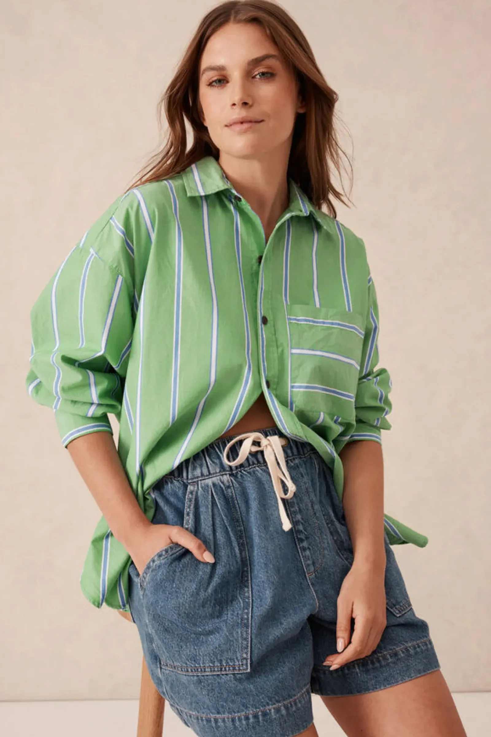 Ceres Life Oversized Organic Cotton Poplin Shirt - Grass Green Oxford Blue Stripe Hot