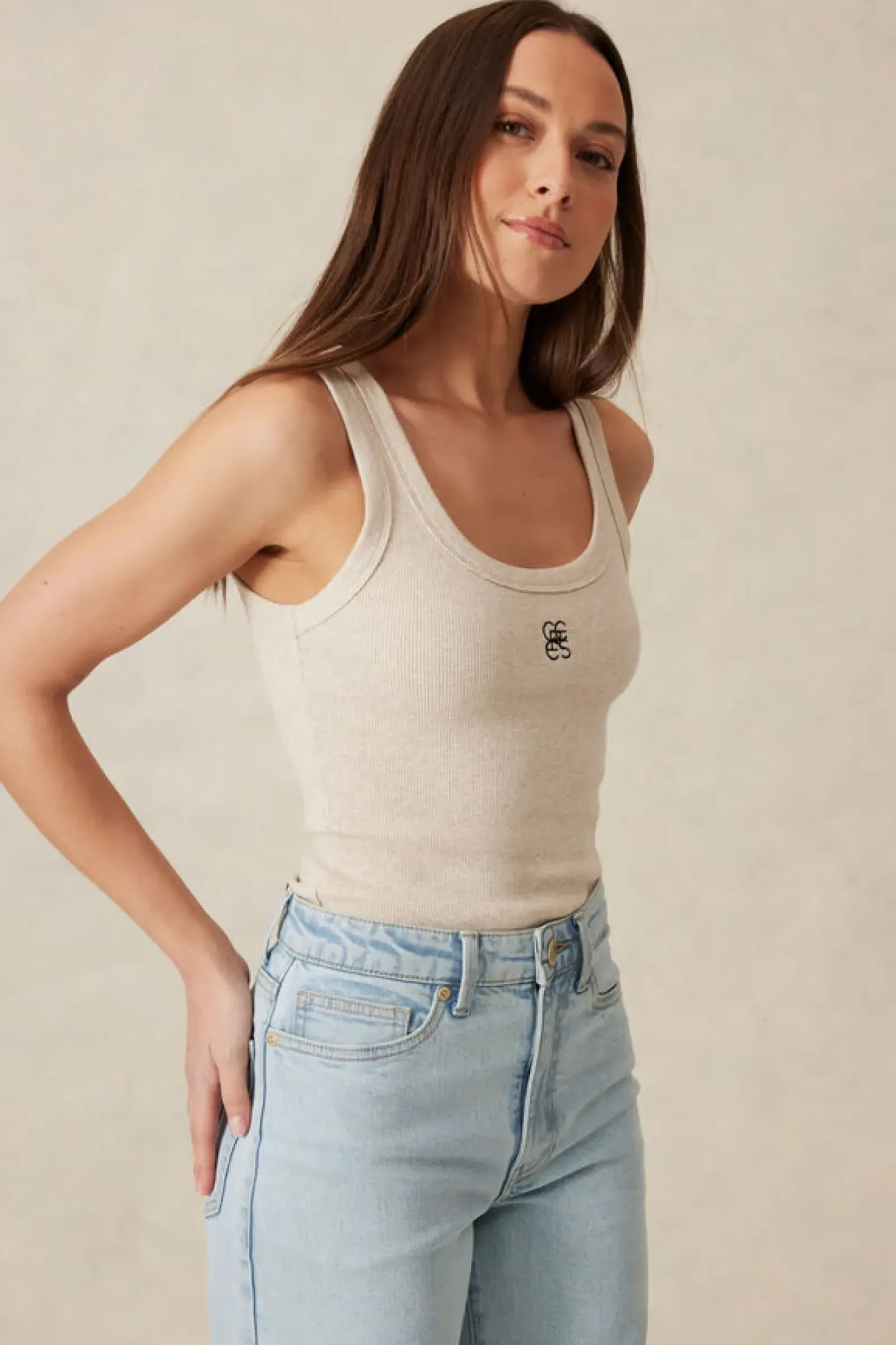 Ceres Life Contour Rib Scoop Tank - Oatmeal/Black Monogram Embroidery Fashion