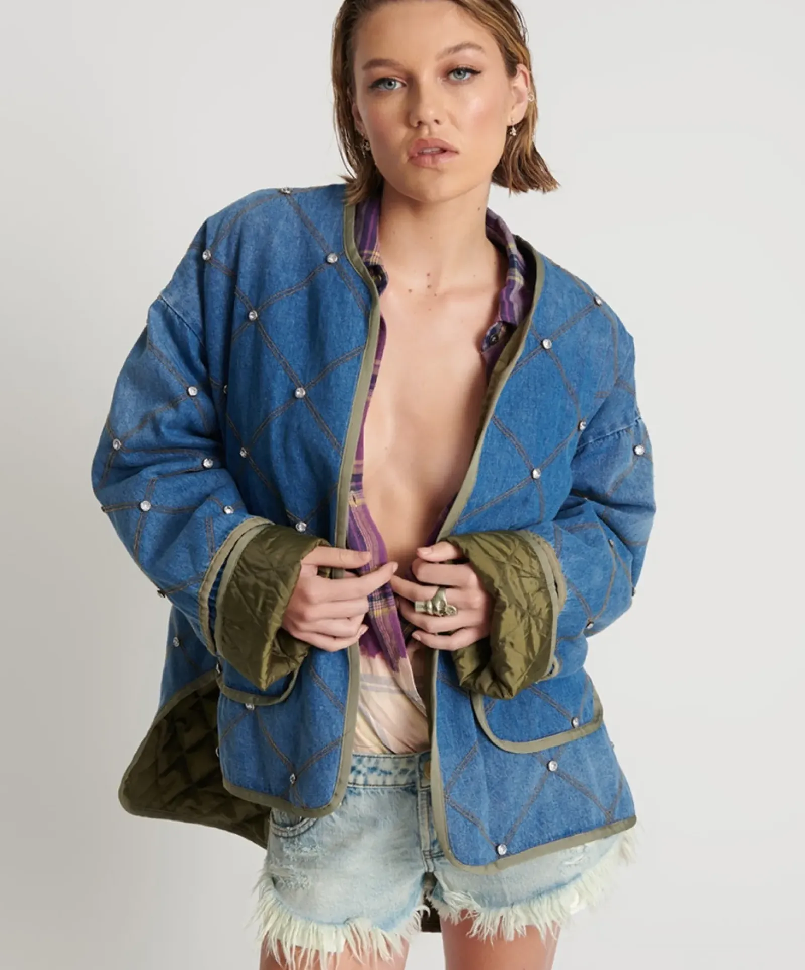 One Teaspoon Bay Blue Quilted Crystal Studded Jacket Best