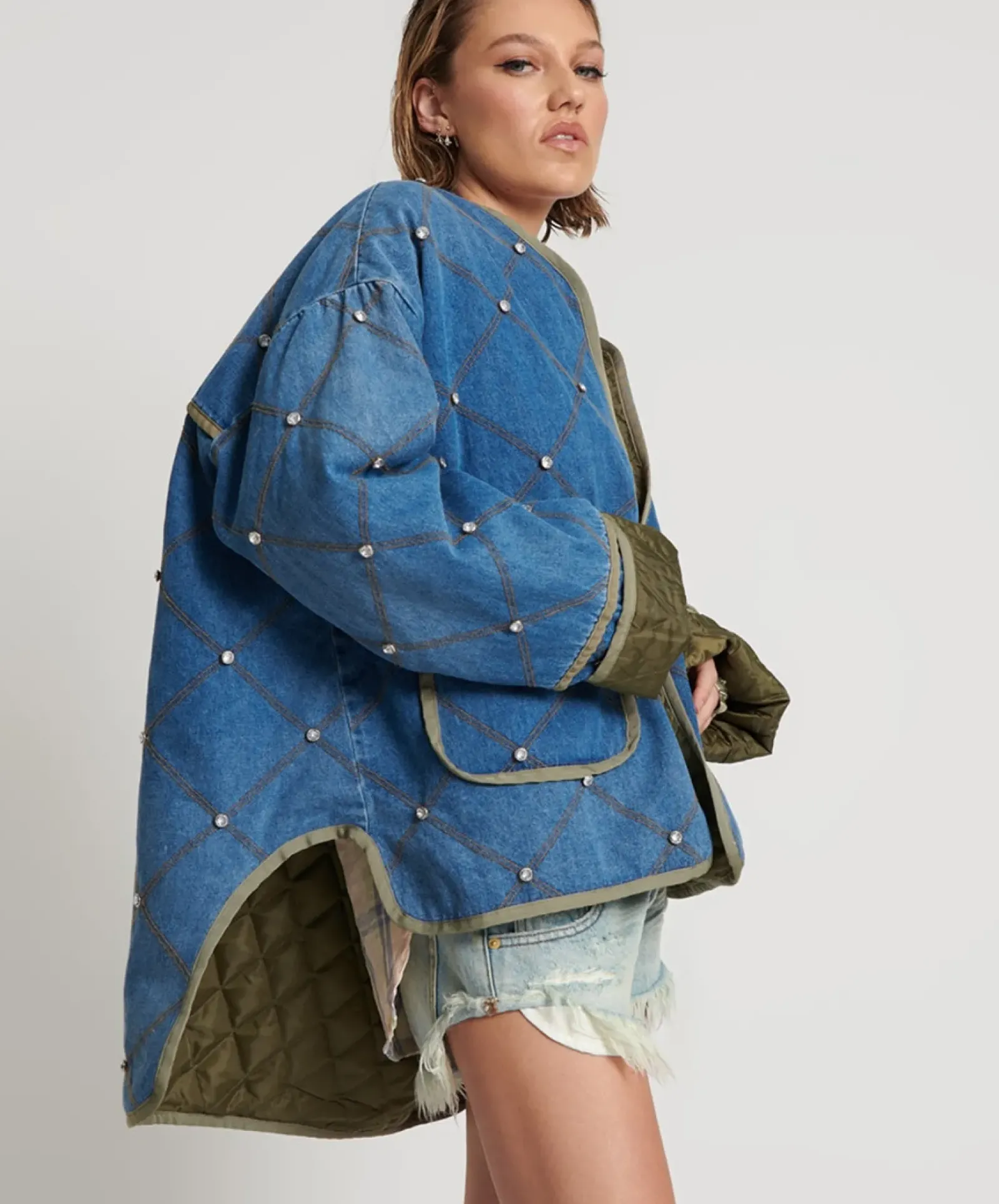 One Teaspoon Bay Blue Quilted Crystal Studded Jacket Best