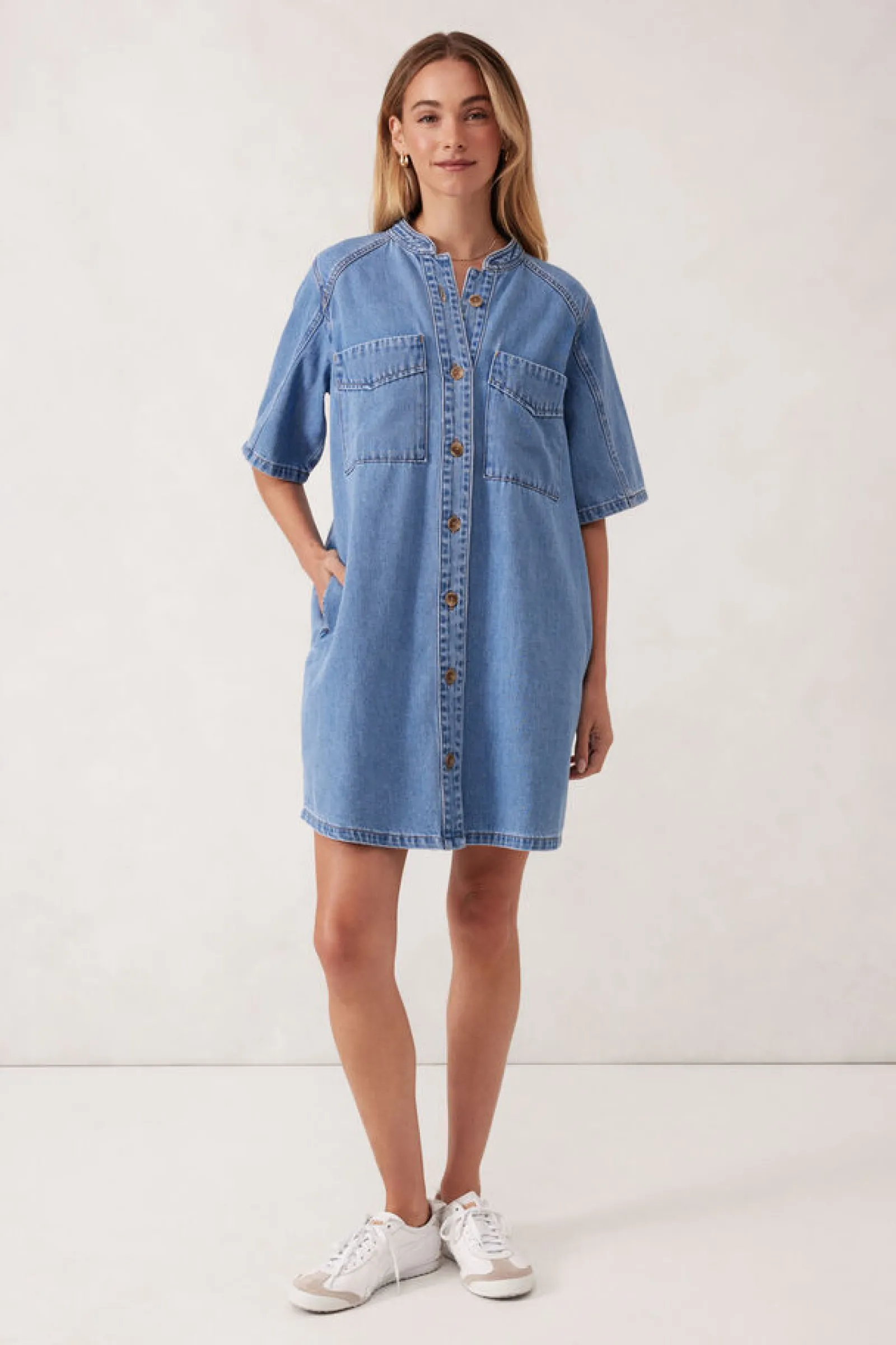 Ceres Life Collarless Relaxed Short Sleeve Denim Dress - Vintage Blue Fashion