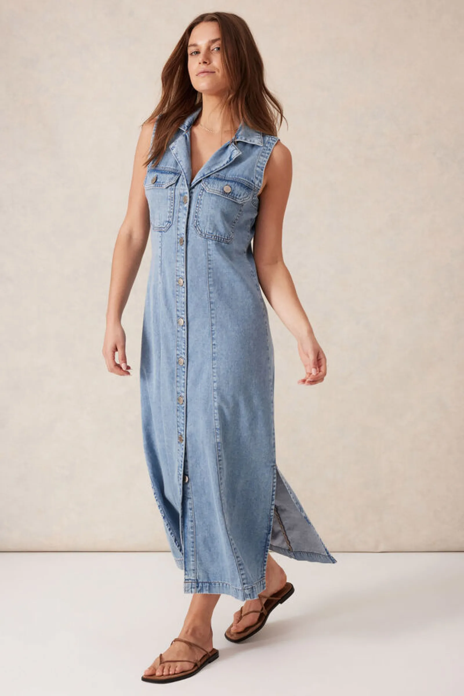 Ceres Life Sleeveless Panelled Midi Shirt Dress - Vintage Blue Outlet