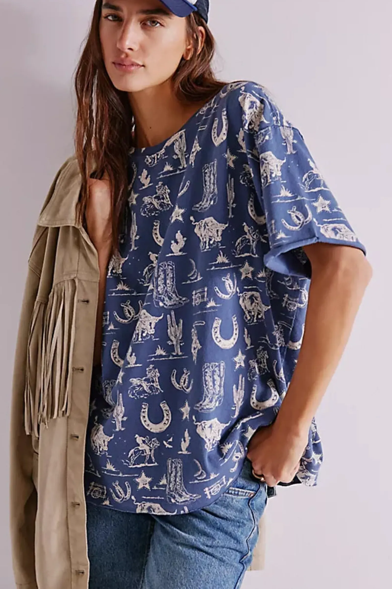 Free People Painted Floral Tee - Navy Combo Discount