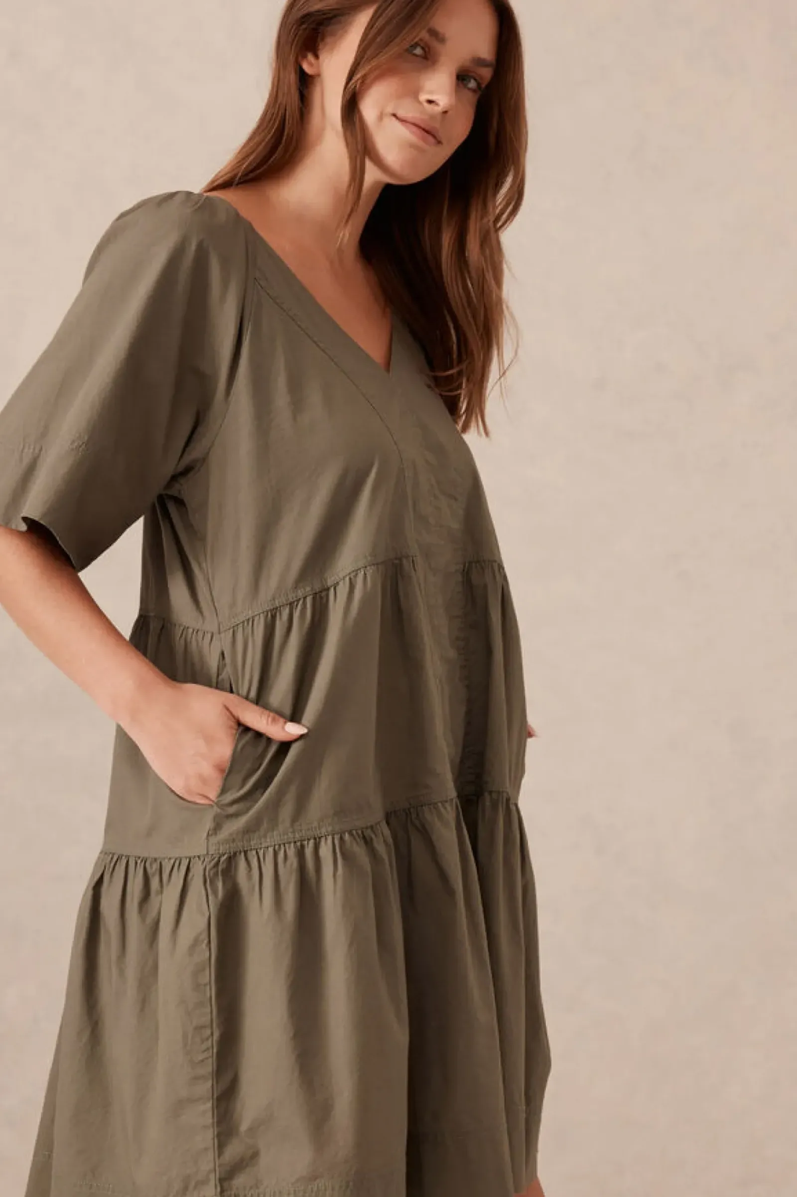 Ceres Life Tiered Poplin Mini Dress - Soft Olive Outlet