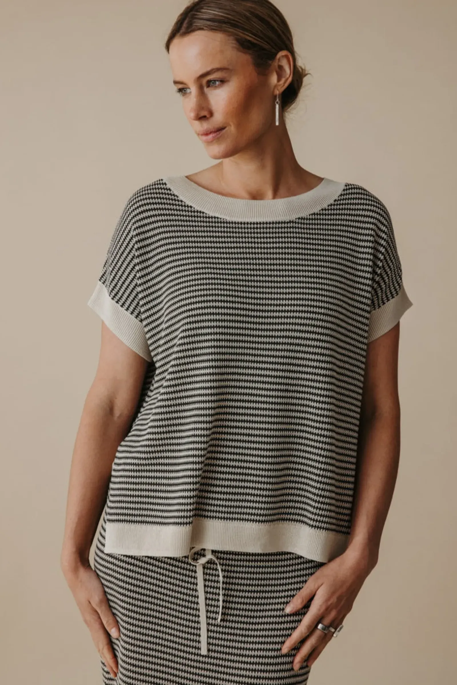 Talamaya Lattice Short Sleeve Pullover - Washed Black & Soft Gold Clearance