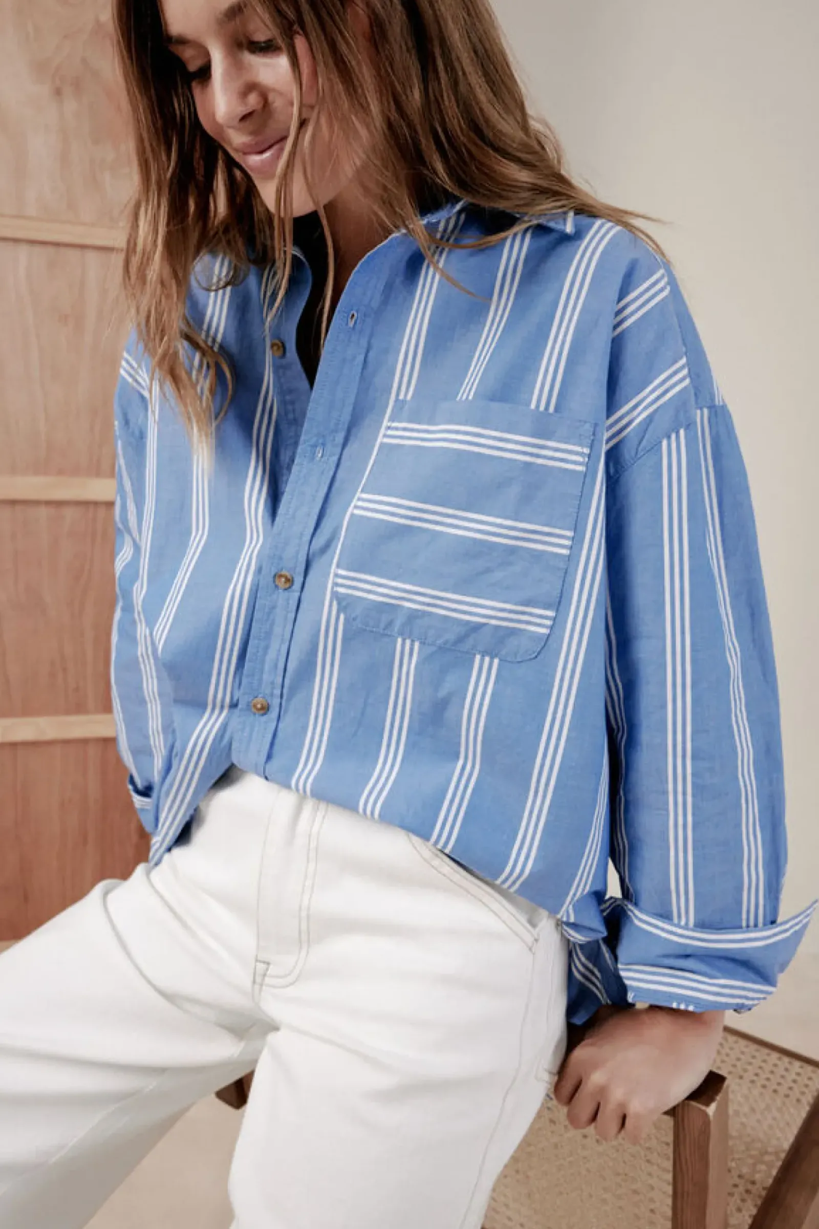 Ceres Life Oversized Organic Cotton Poplin Shirt - Blue White Triple Stripe Discount
