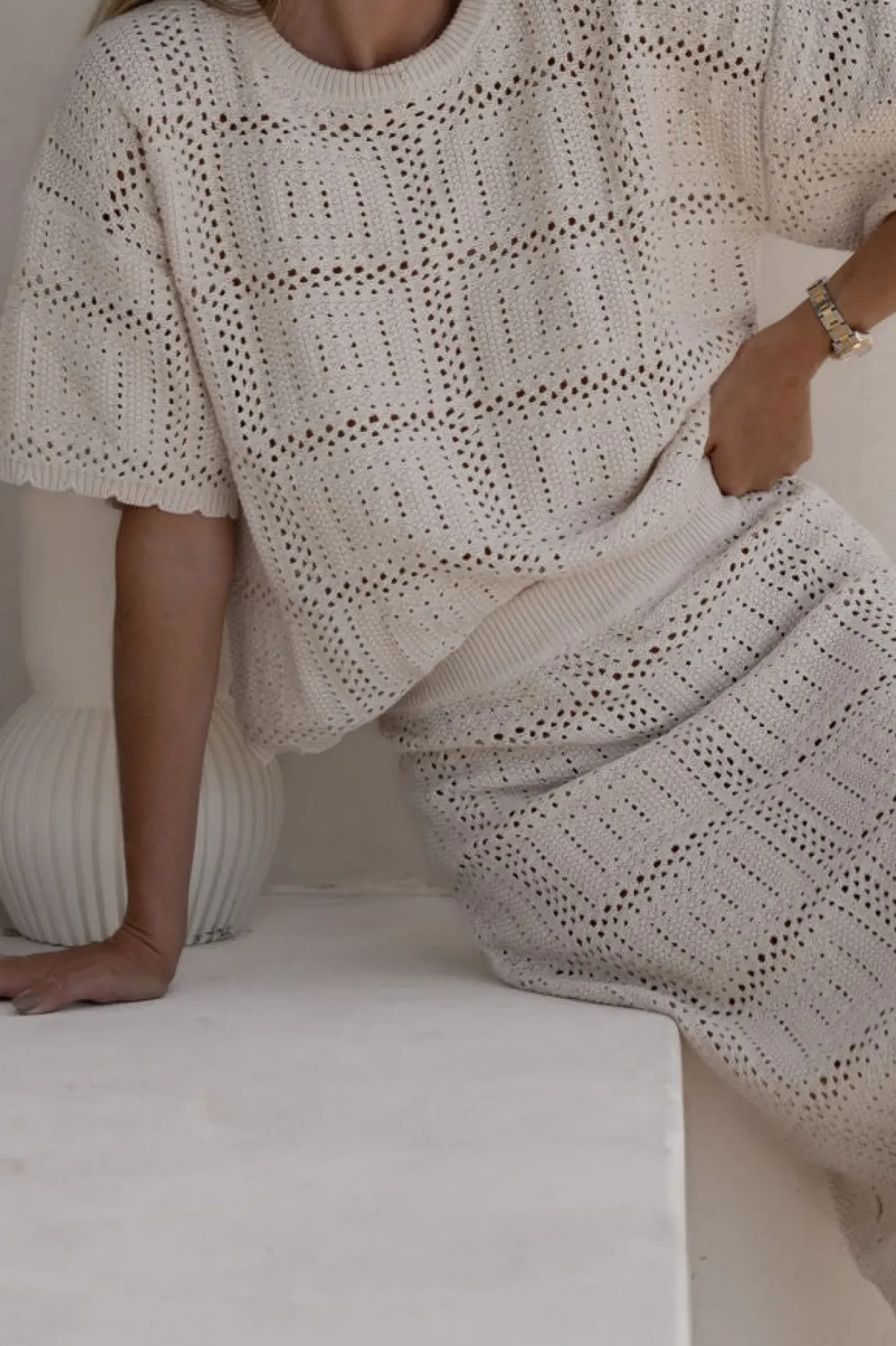 Ceres Life Square Knit Boxy Tee - Ecru Online