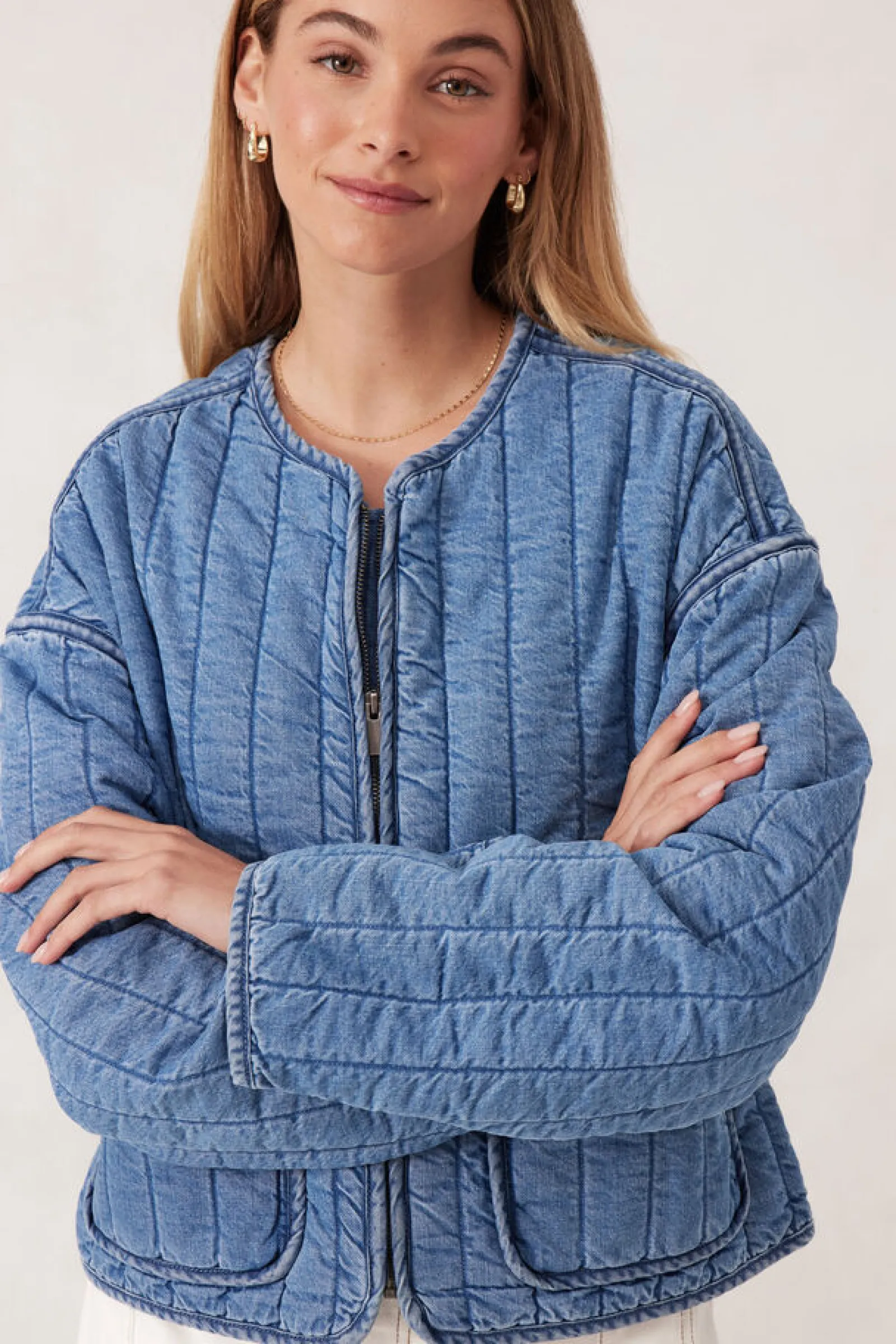 Ceres Life Comfy Quilted Boxy Jacket - Worn Blue Outlet