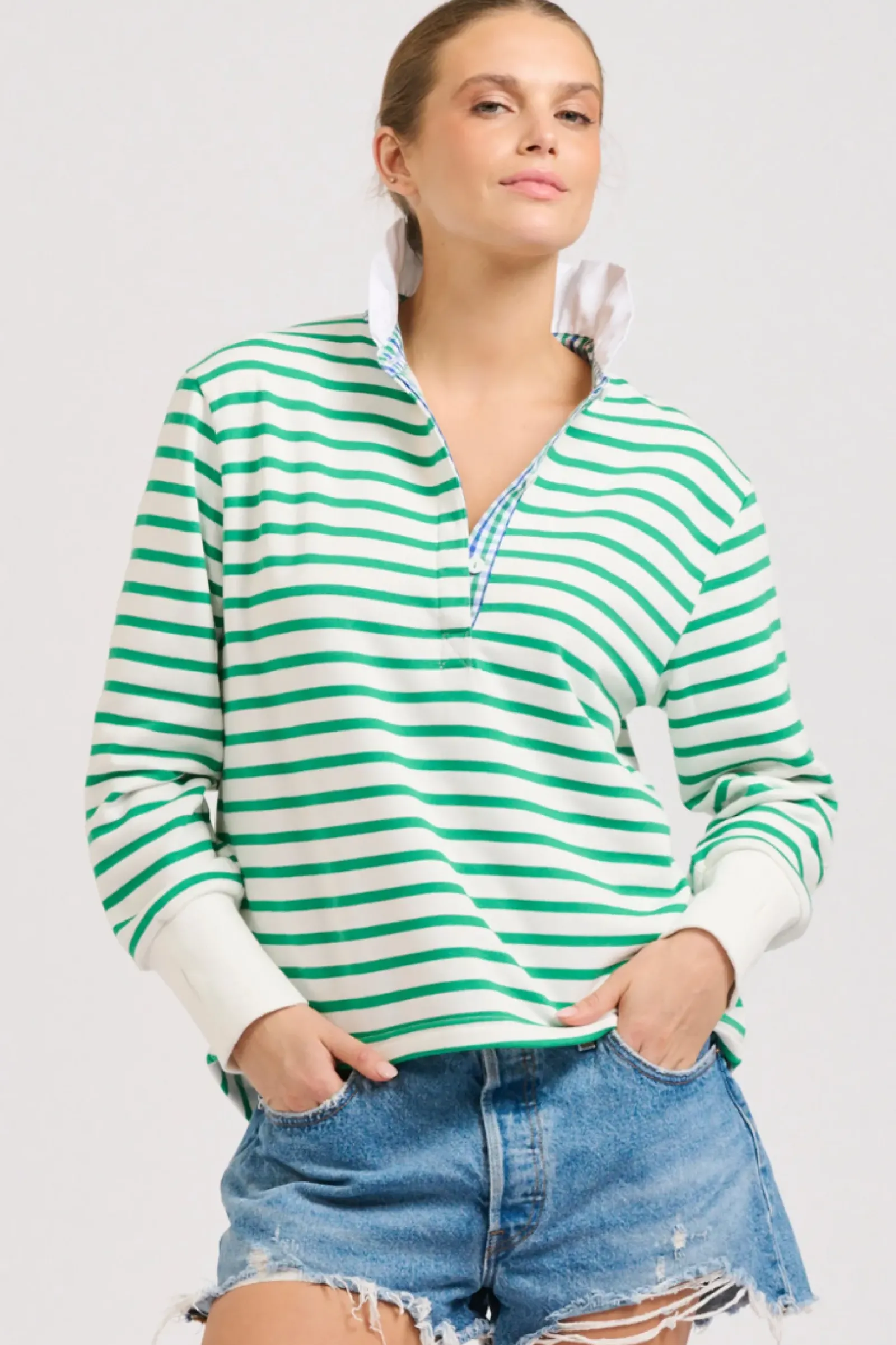 Est1971 Est 1971 Rugby Frill Collar Cotton Sweatshirt - Green Stripe Discount