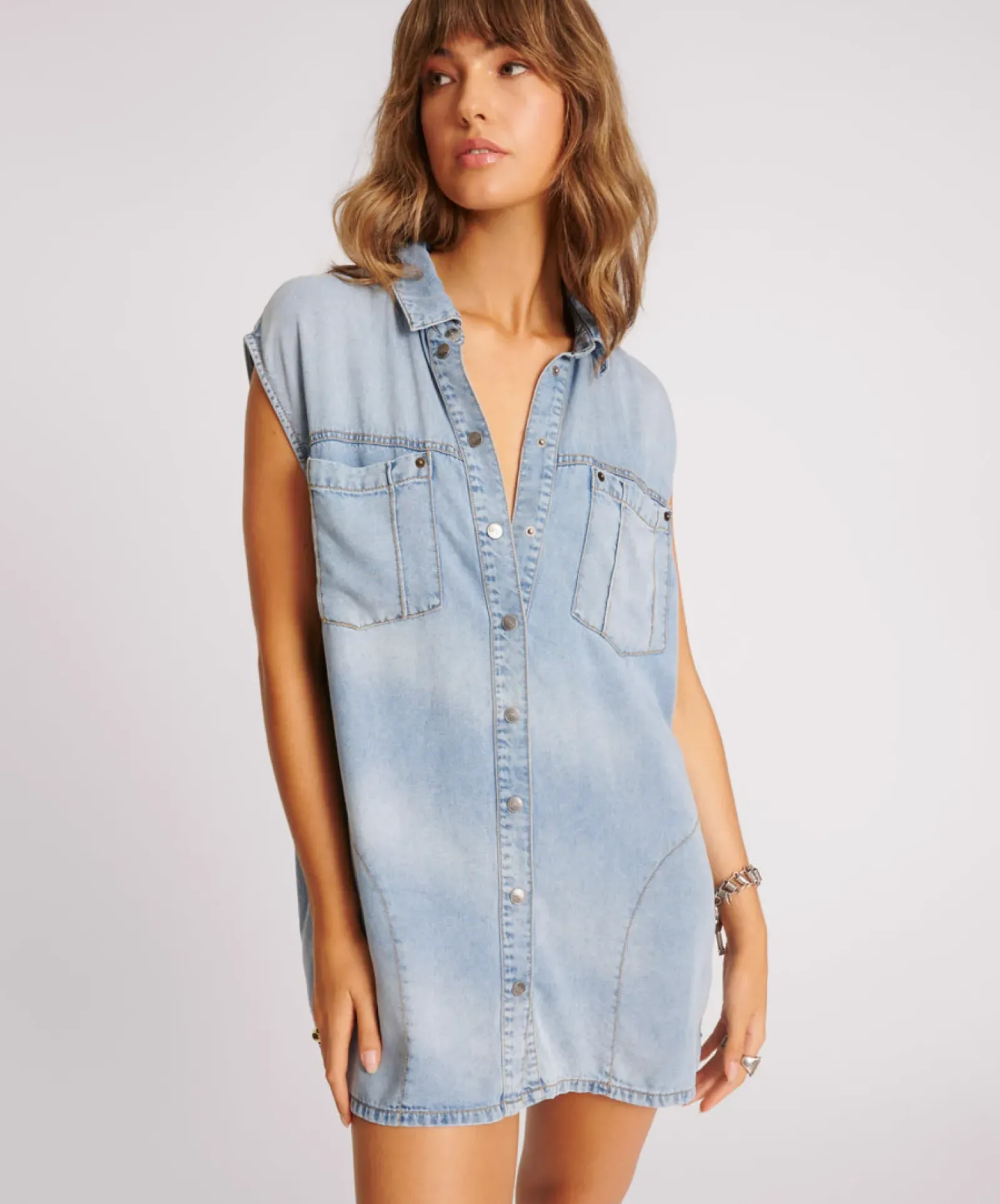 One Teaspoon Tencel Shirt Dress - Soft Blue Clearance