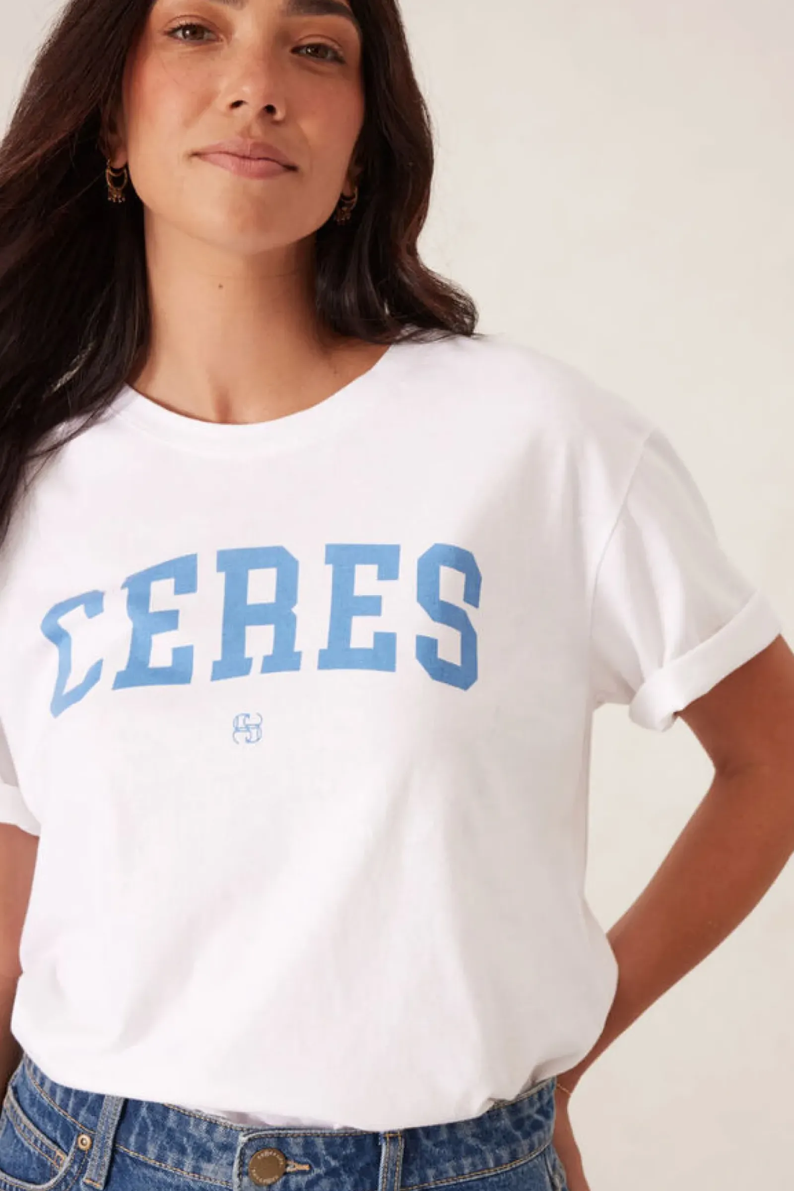 Ceres Life Slouchy Split Hem Tee - White/Ceres Varisty Pool Blue Clearance