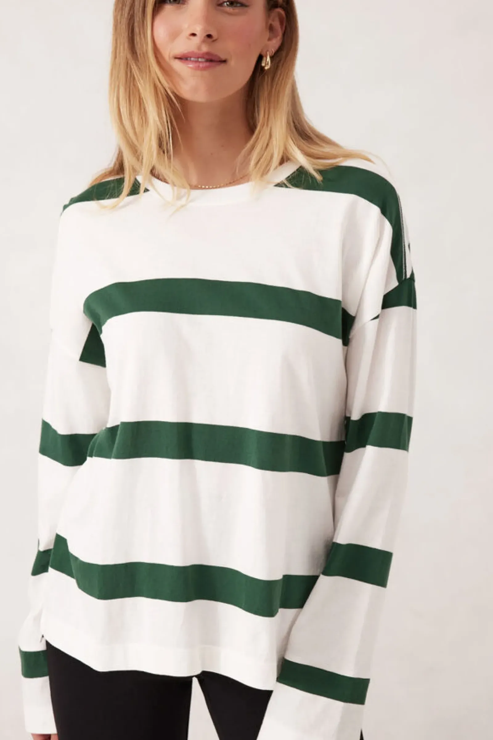 Ceres Life Slouchy Long Sleeve - Vanilla Pine Green Bold Stripe Fashion
