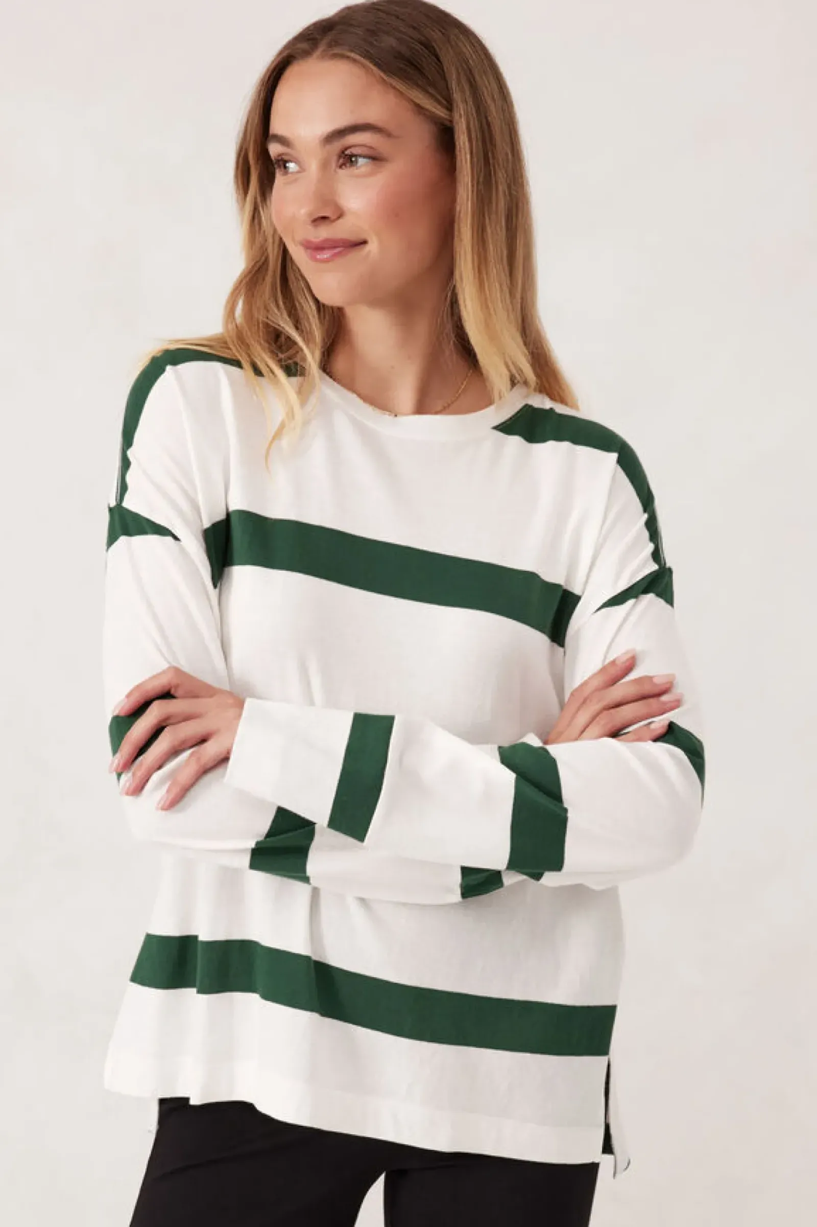 Ceres Life Slouchy Long Sleeve - Vanilla Pine Green Bold Stripe Fashion
