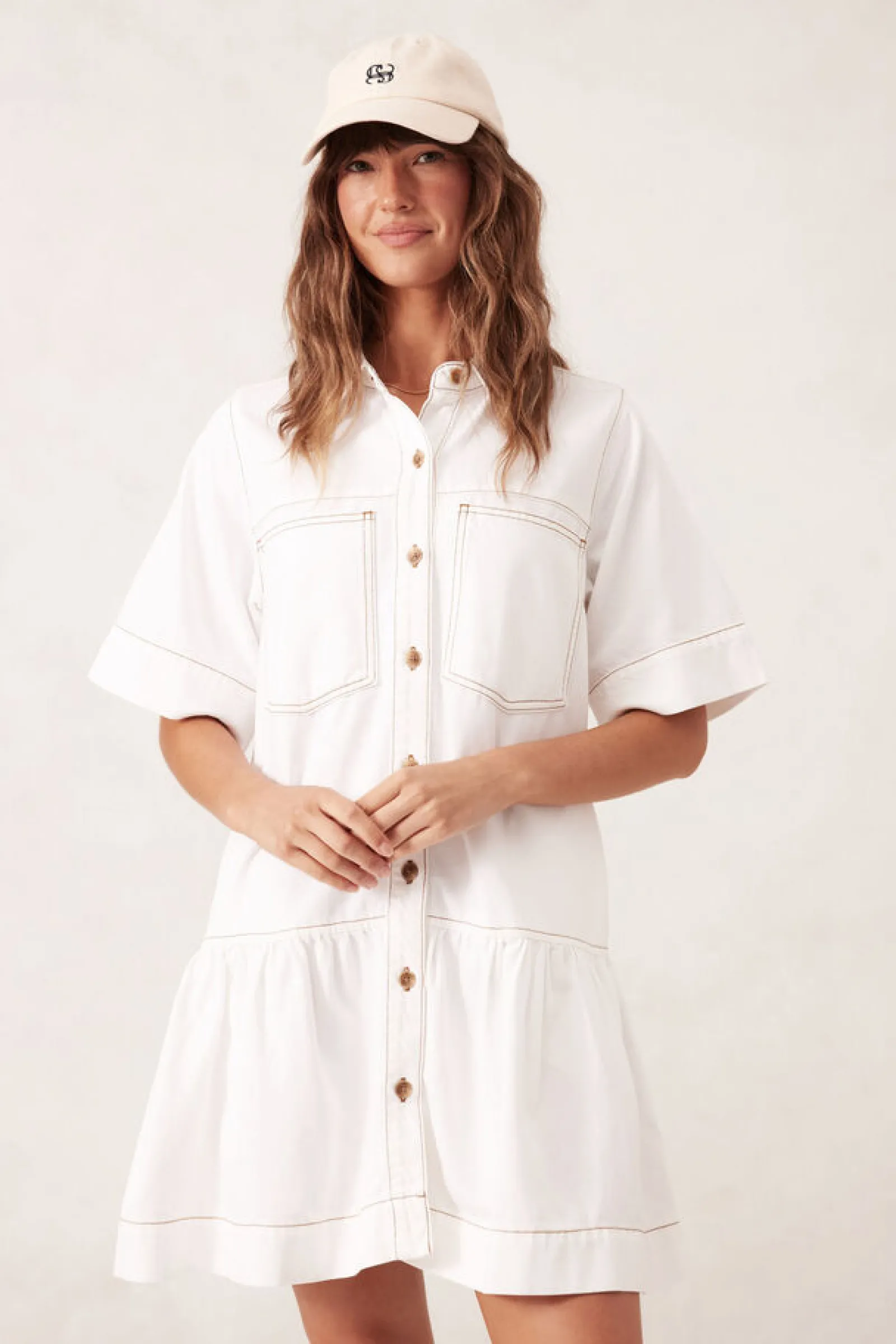 Ceres Life Short Sleeve Tiered Pocket Shirt Dress - Fresh Ecru Discount