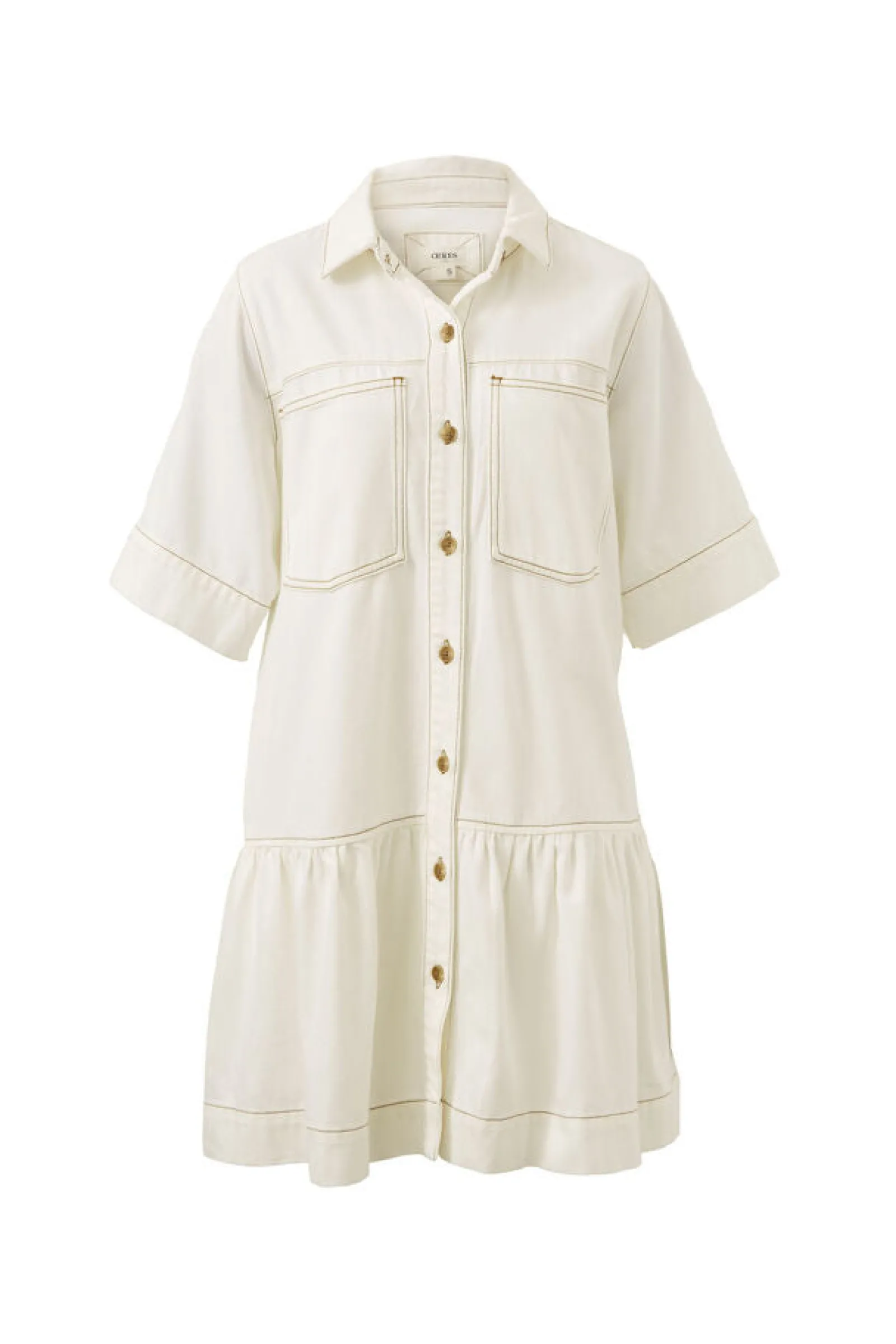 Ceres Life Short Sleeve Tiered Pocket Shirt Dress - Fresh Ecru Discount