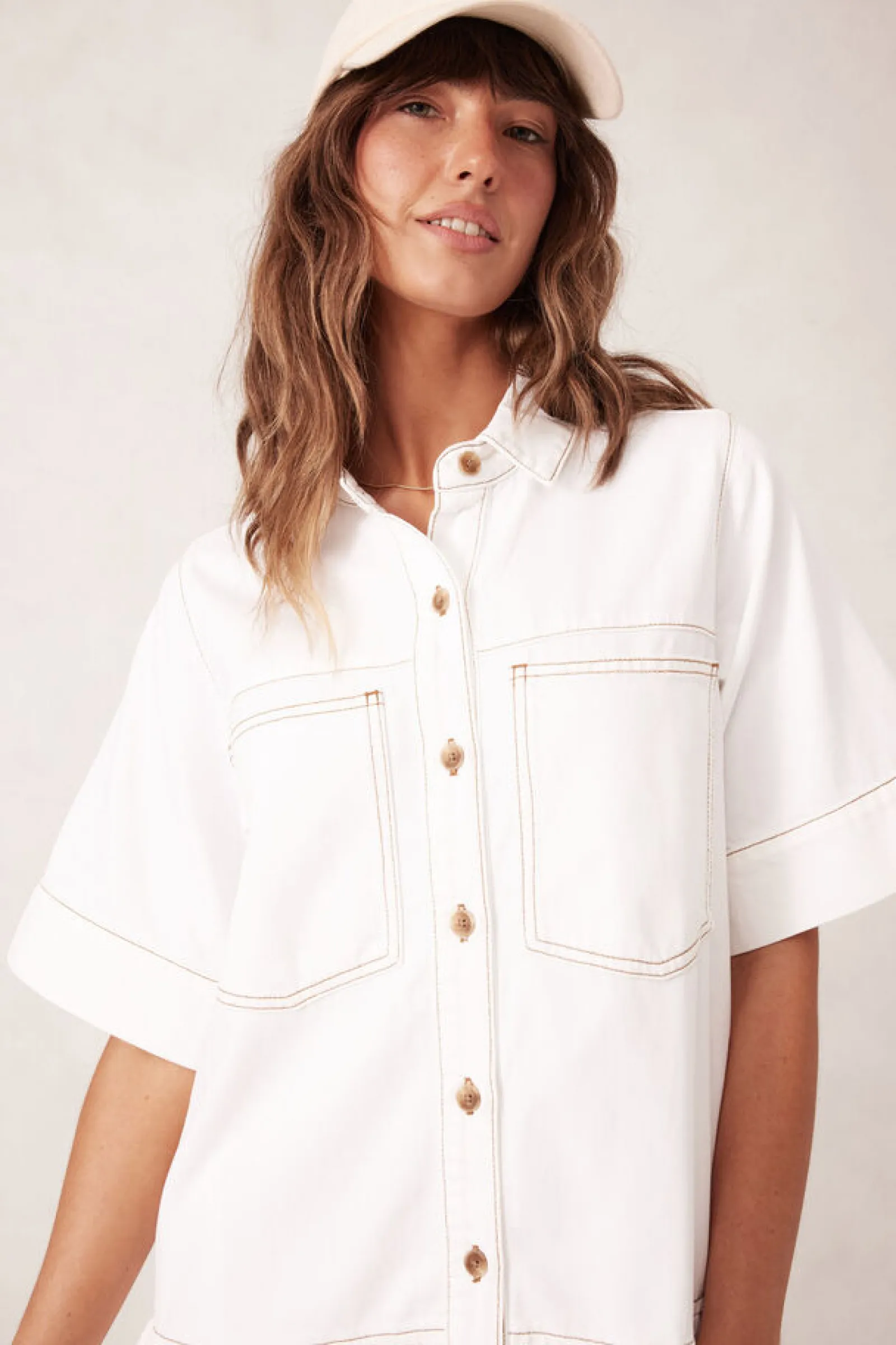 Ceres Life Short Sleeve Tiered Pocket Shirt Dress - Fresh Ecru Discount