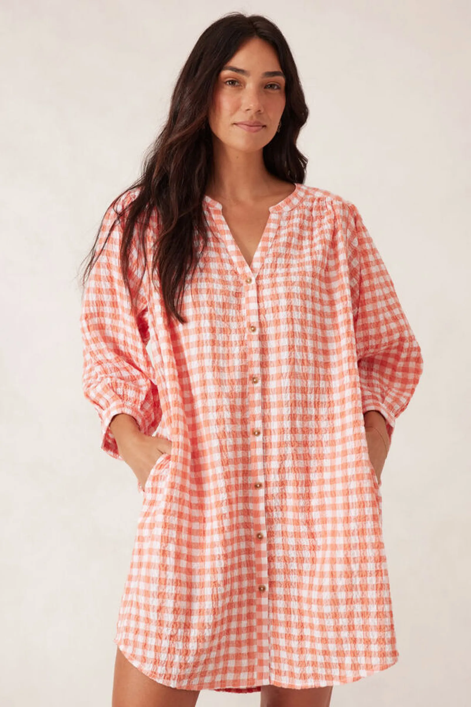 Ceres Life Crinkle Mini Dress - Coral/White Gingham Online