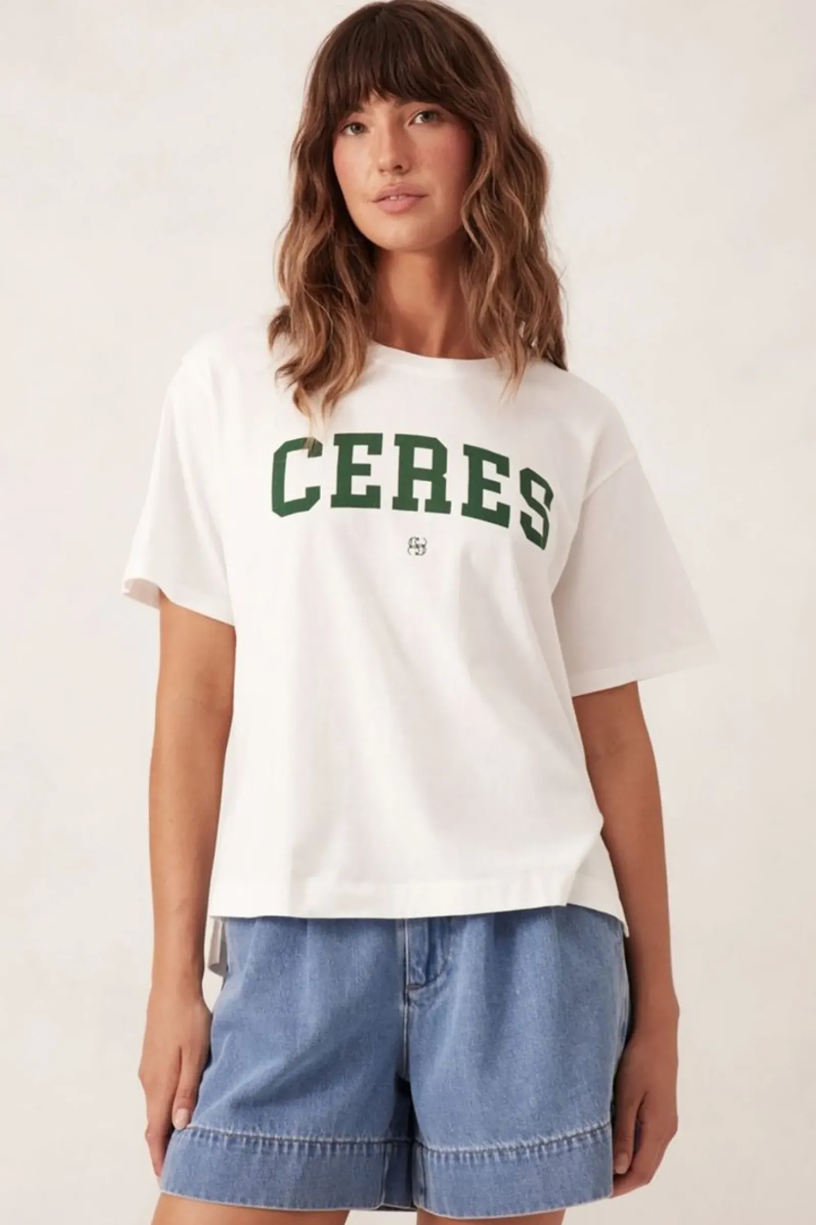 Ceres Life Slouchy Split Hem Tee - Vanilla/Pine Green Varsity Clearance