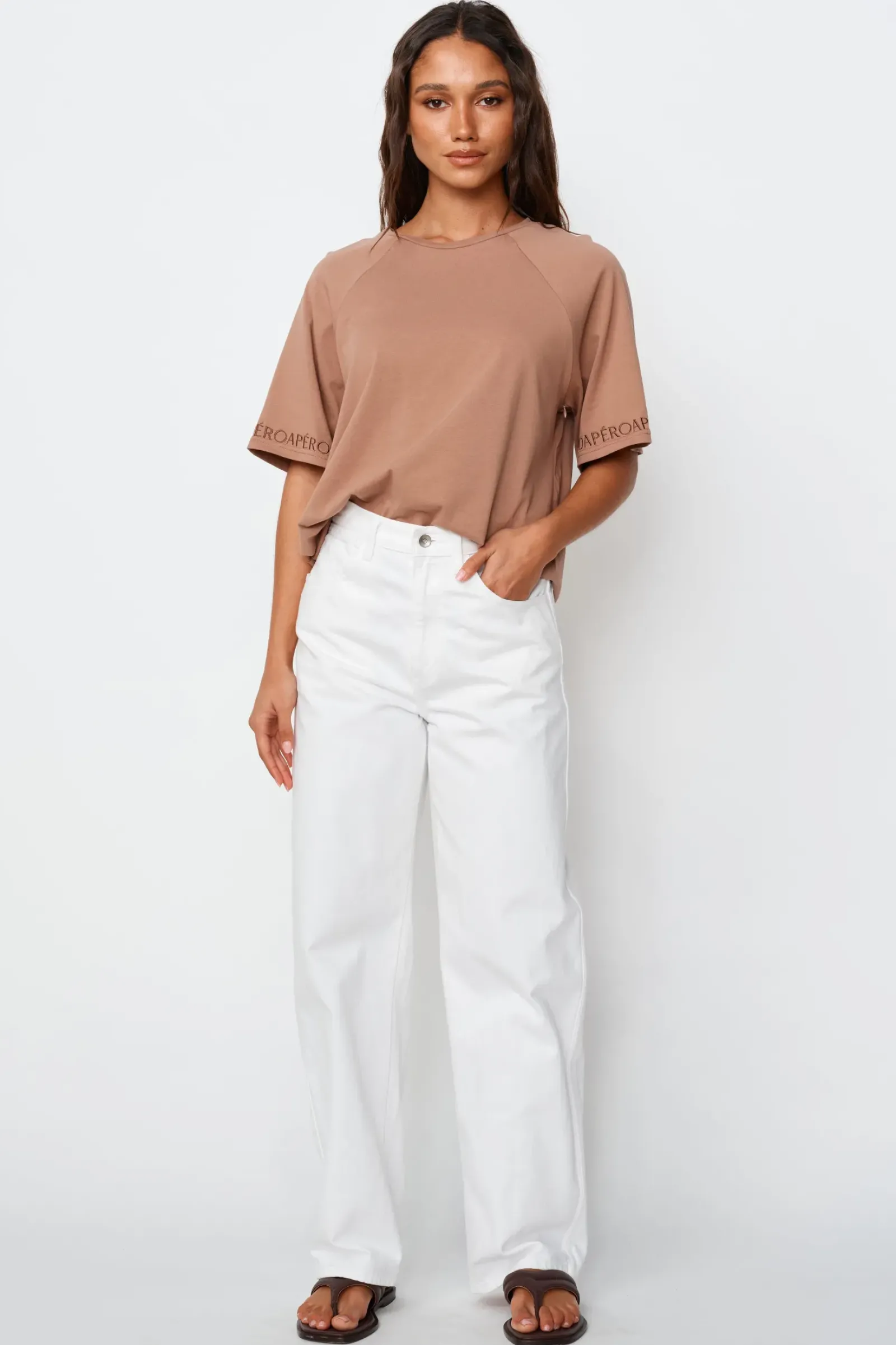 Apero Logo Sleeve Box Cut Tee - Mocha Outlet