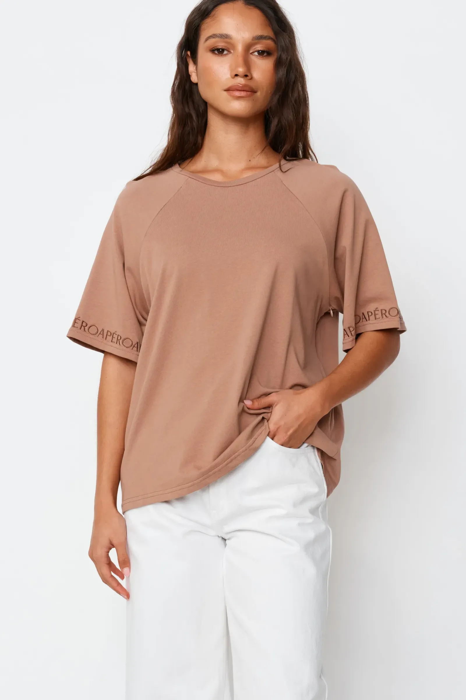 Apero Logo Sleeve Box Cut Tee - Mocha Outlet