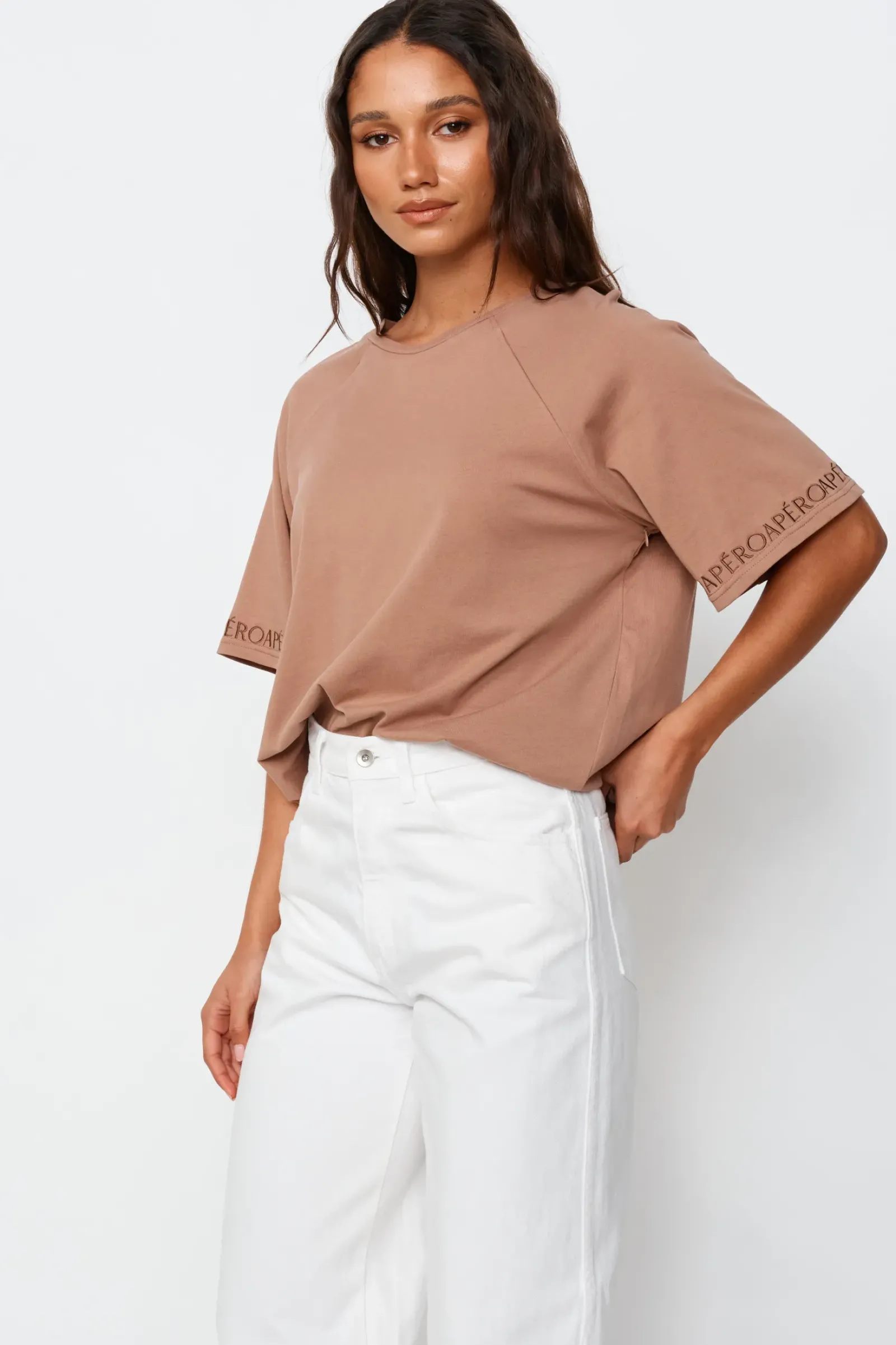 Apero Logo Sleeve Box Cut Tee - Mocha Outlet