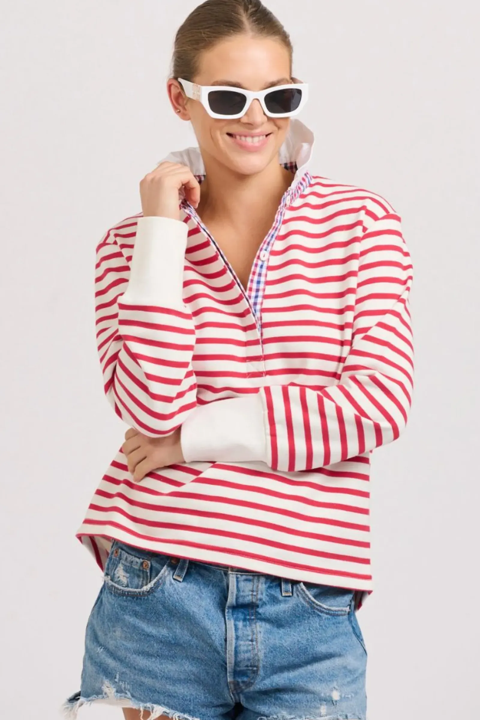 Est1971 Est 1971 Rugby Frill Collar Cotton Sweatshirt - Raspberry Stripe Sale