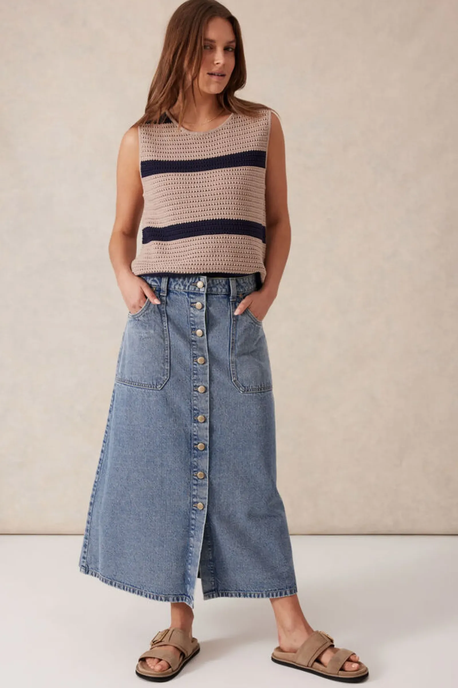 Ceres Life Button Through Denim Midi Skirt - Mid Vintage Blue Online