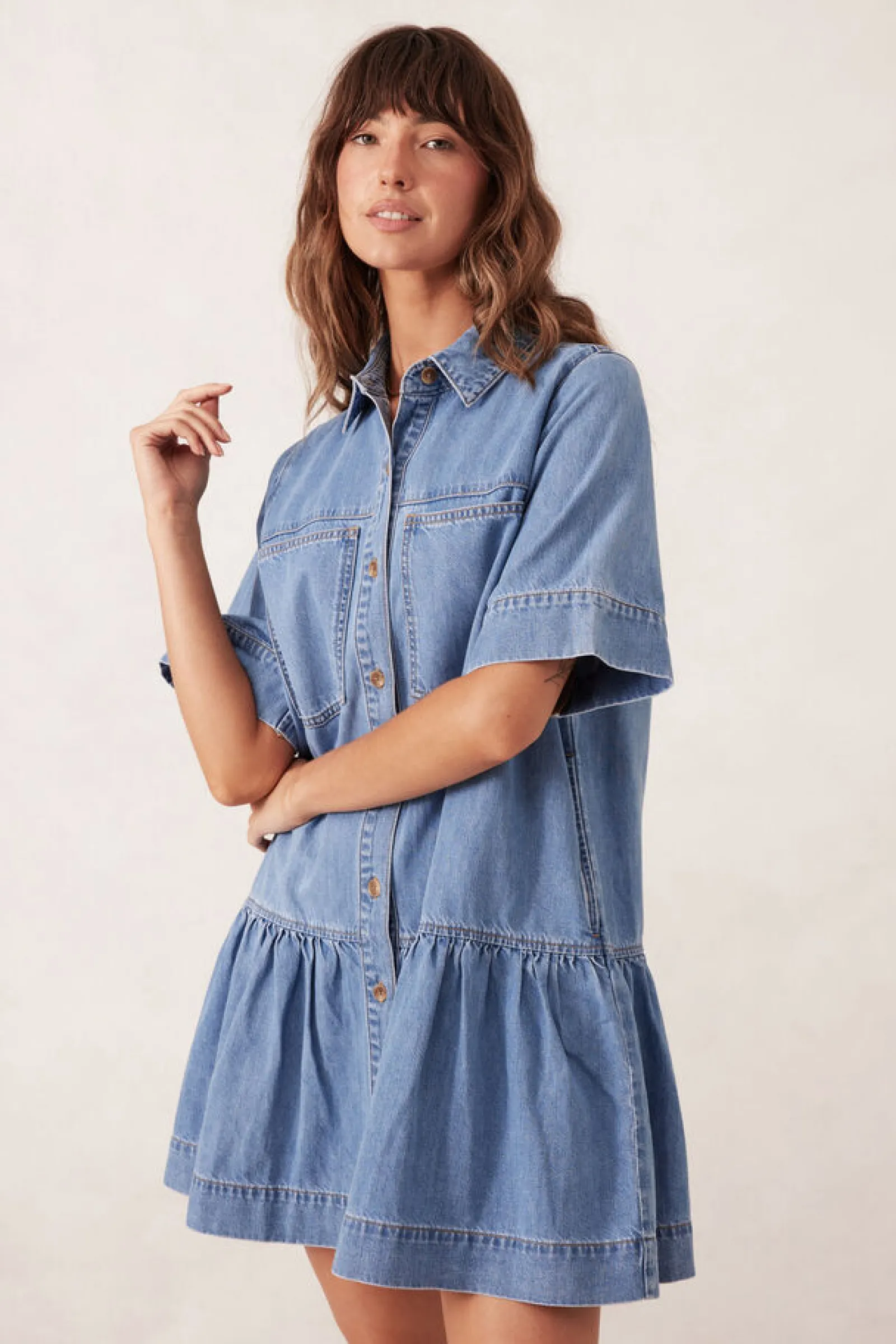 Ceres Life Short Sleeve Tiered Pocket Shirt Dress  - Vintage Blue New