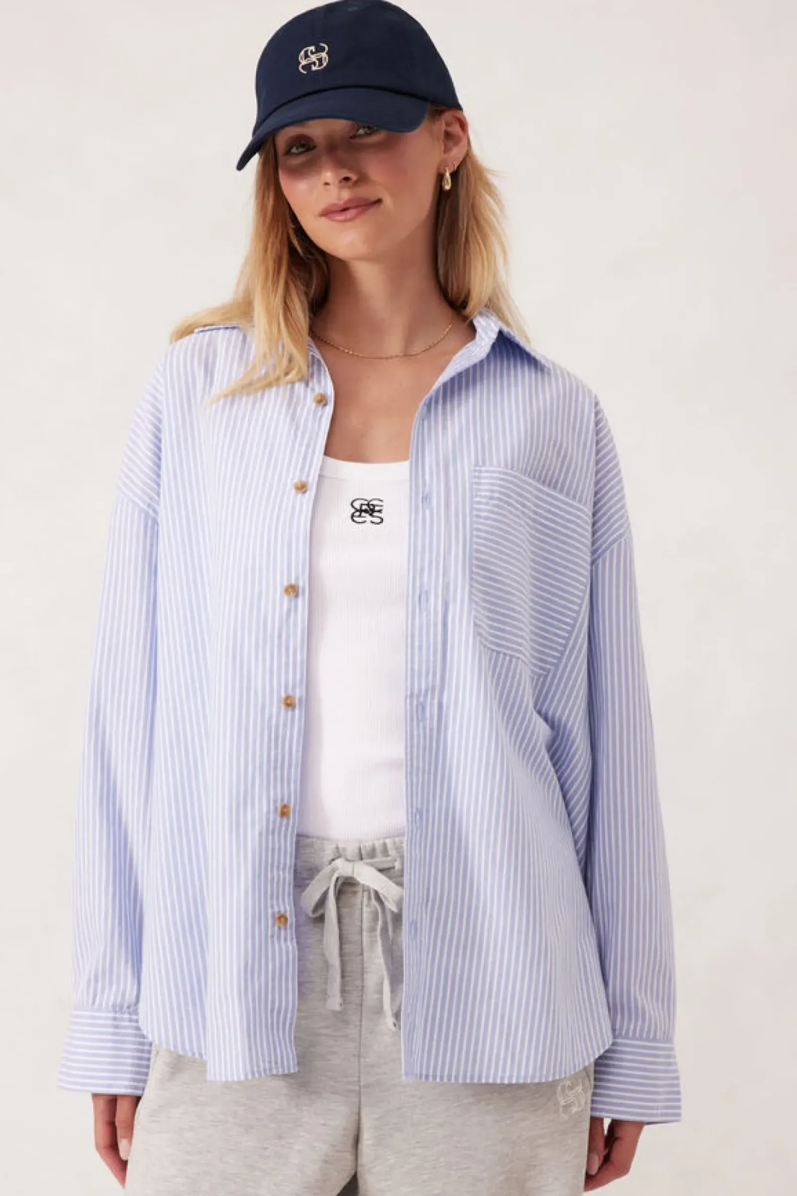 Ceres Life Oversized Poplin Shirt - White Heritage Blue Stripe New