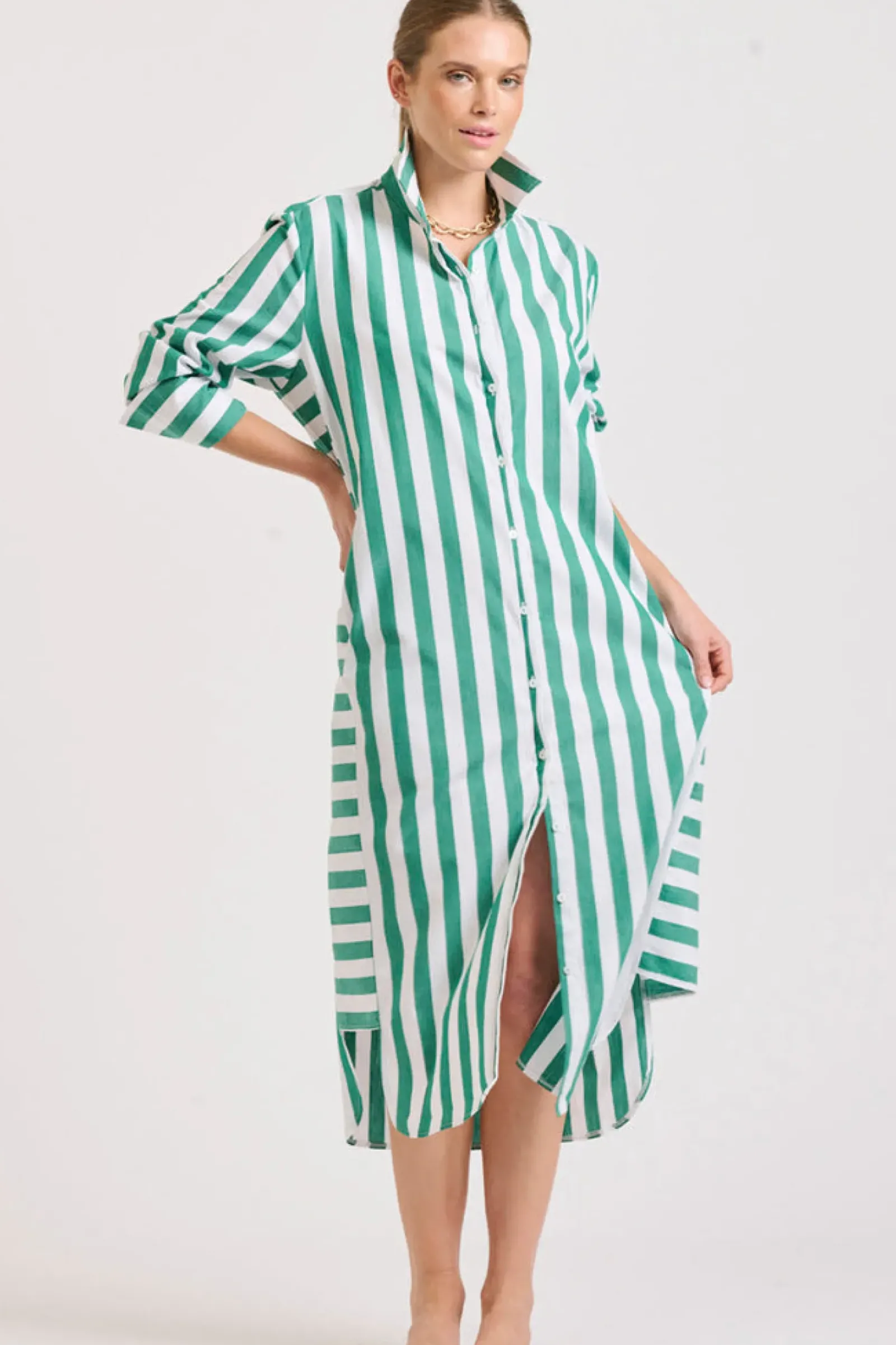 Shirty Clothing Shirty Andrea Shirtdress- Green wide stripe Clearance