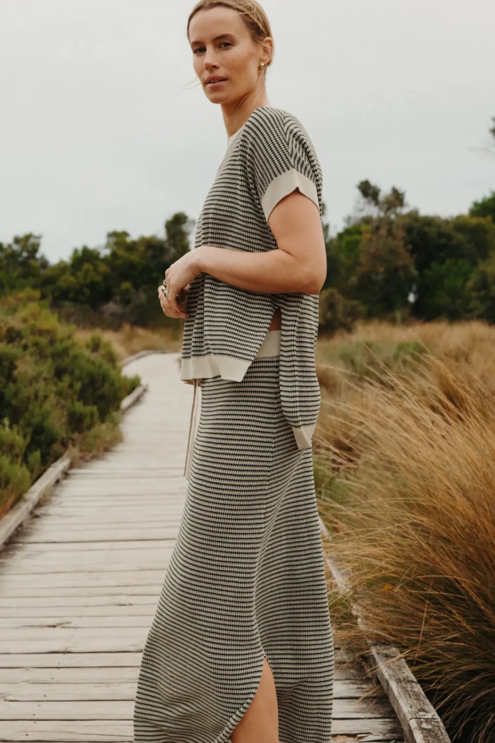 Talamaya Lattice Knitted Skirt - Washed Black & Soft Gold Sale