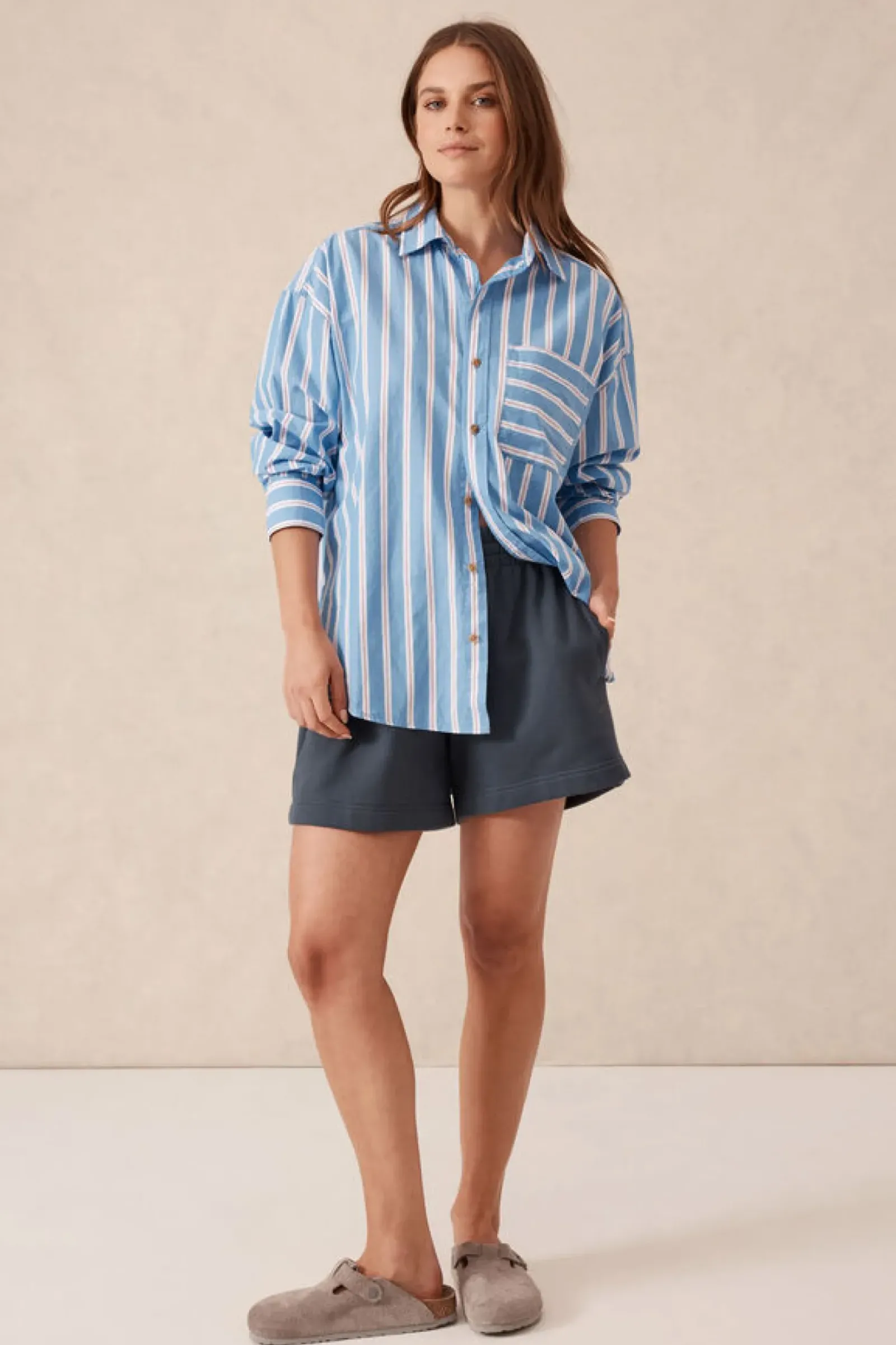 Ceres Life Oversized Organic Cotton Poplin Shirt - Blue White Red Stripe Fashion