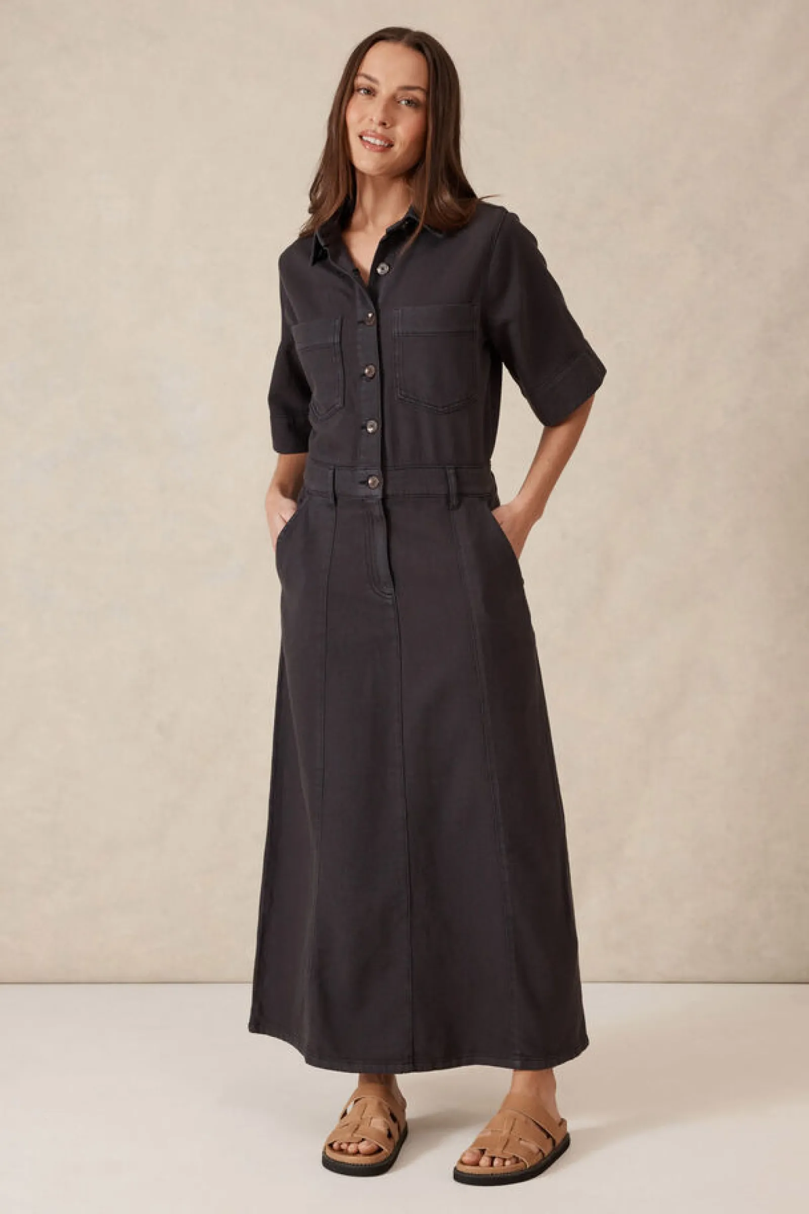Ceres Life Short Sleeve Denim Midi Shirt Dress - Washed Black Twill Online