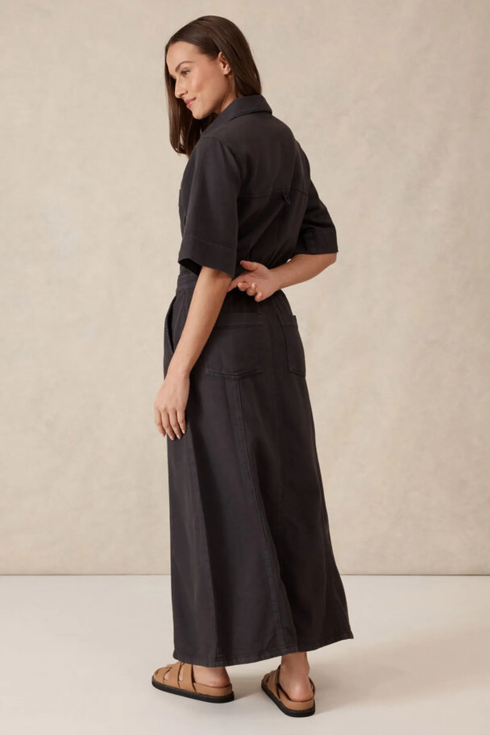 Ceres Life Short Sleeve Denim Midi Shirt Dress - Washed Black Twill Online