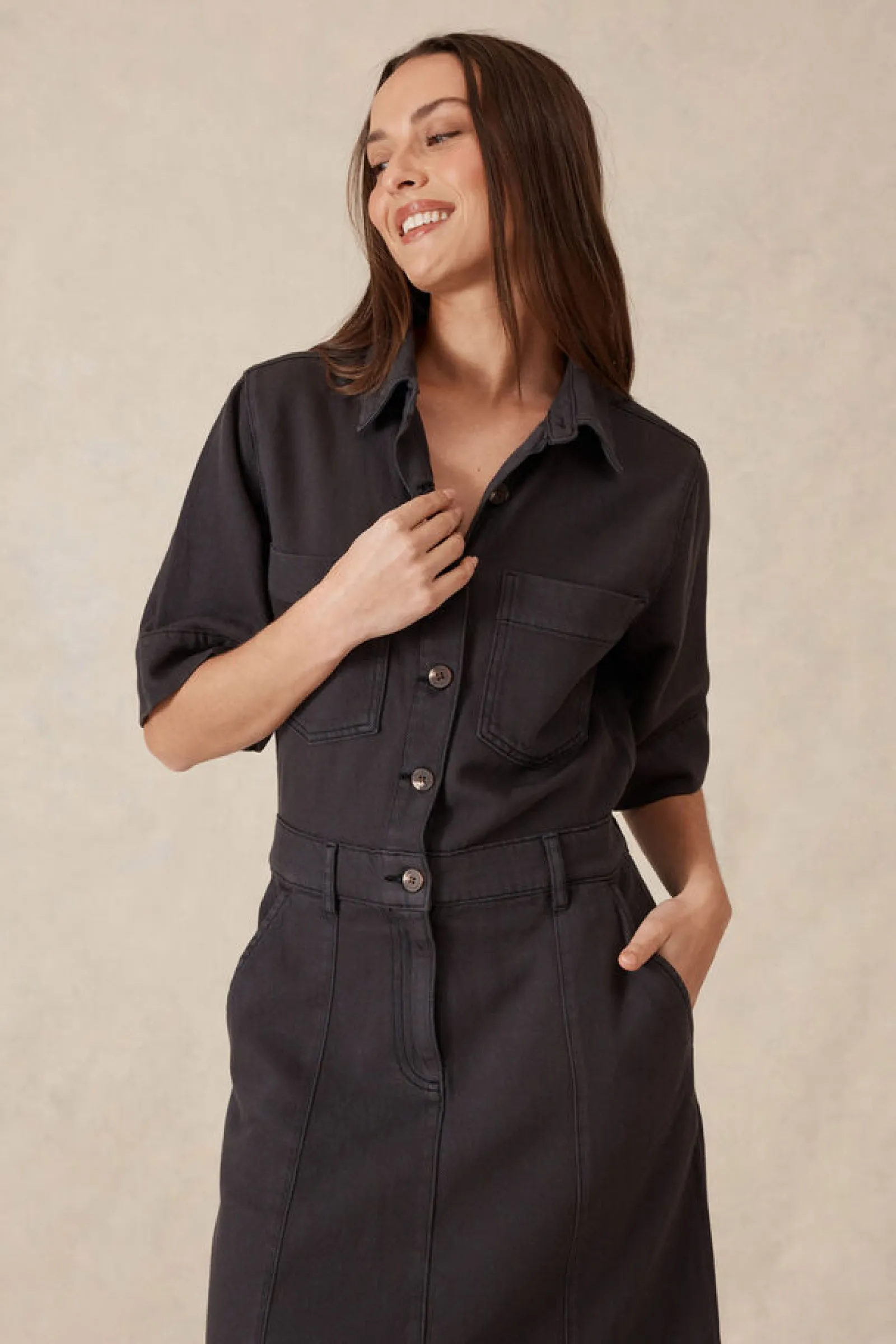 Ceres Life Short Sleeve Denim Midi Shirt Dress - Washed Black Twill Online