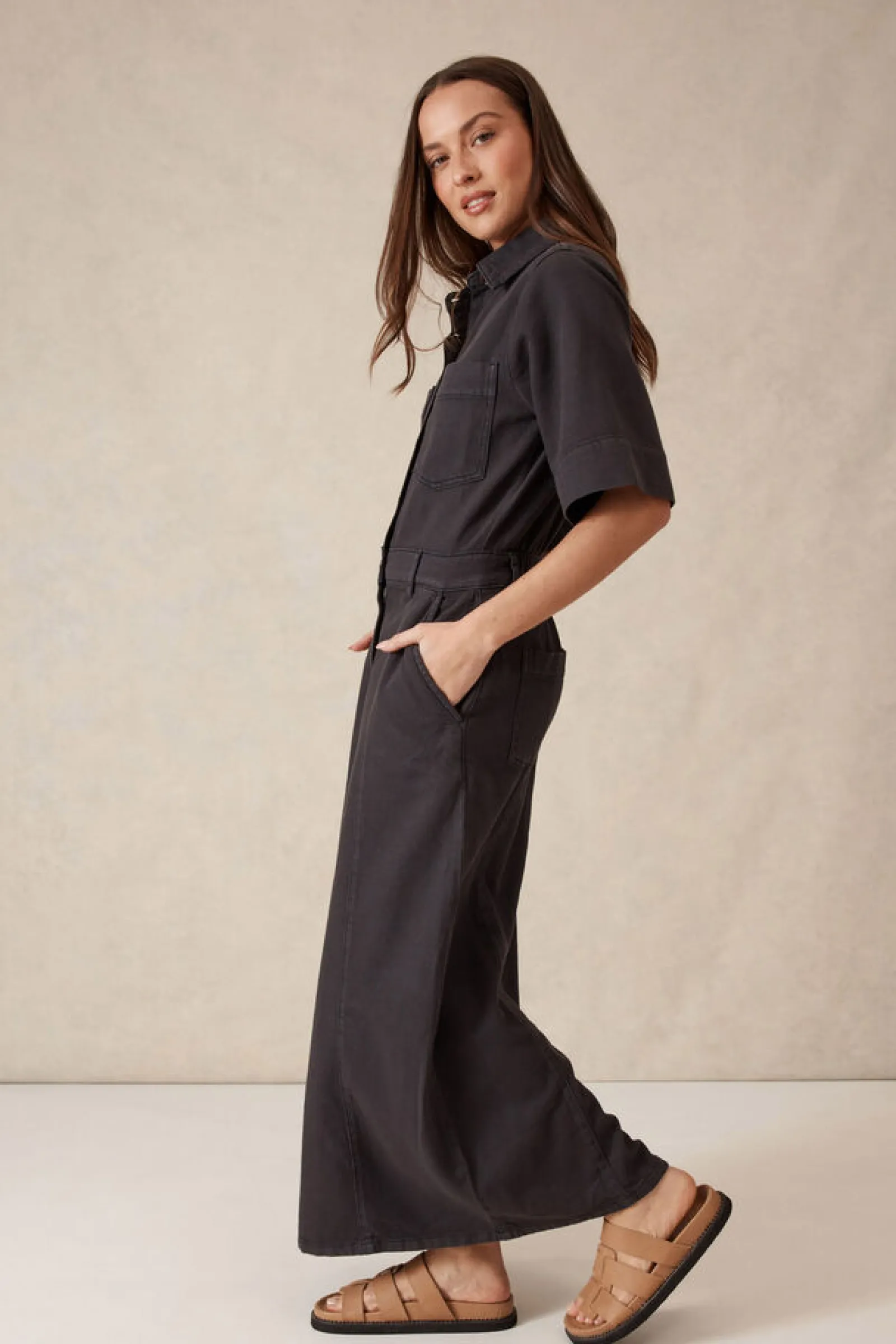 Ceres Life Short Sleeve Denim Midi Shirt Dress - Washed Black Twill Online