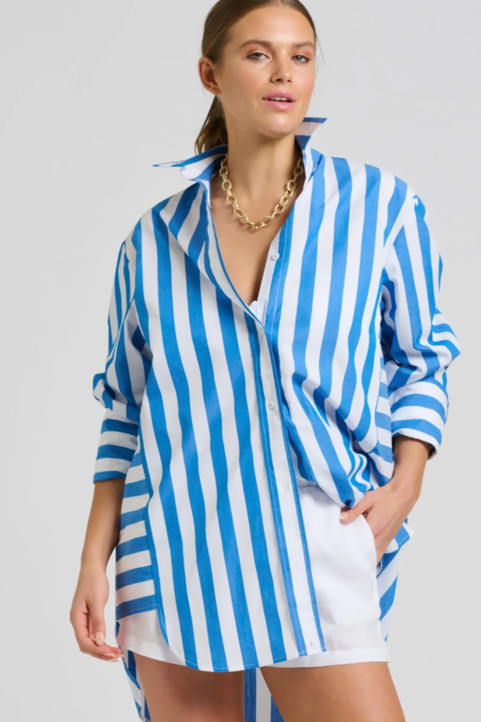 Shirty Clothing Shirty Andrea Oversized Boyfriend Shirt- Mid Blue Stripe New