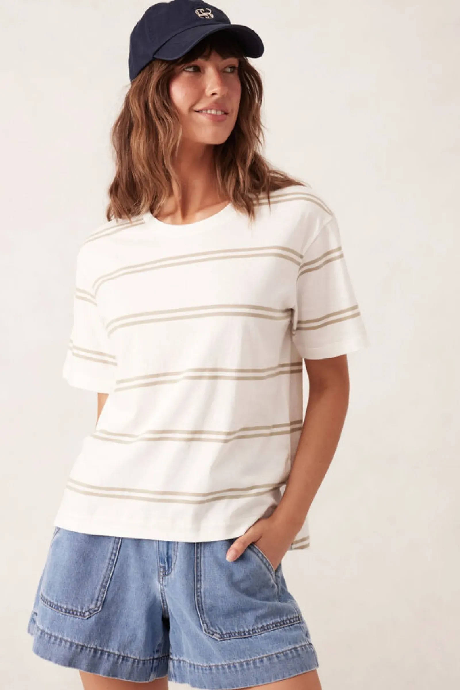 Ceres Life Slouchy Split Hem Tee - Vanilla/Matcha Double Stripe Sale