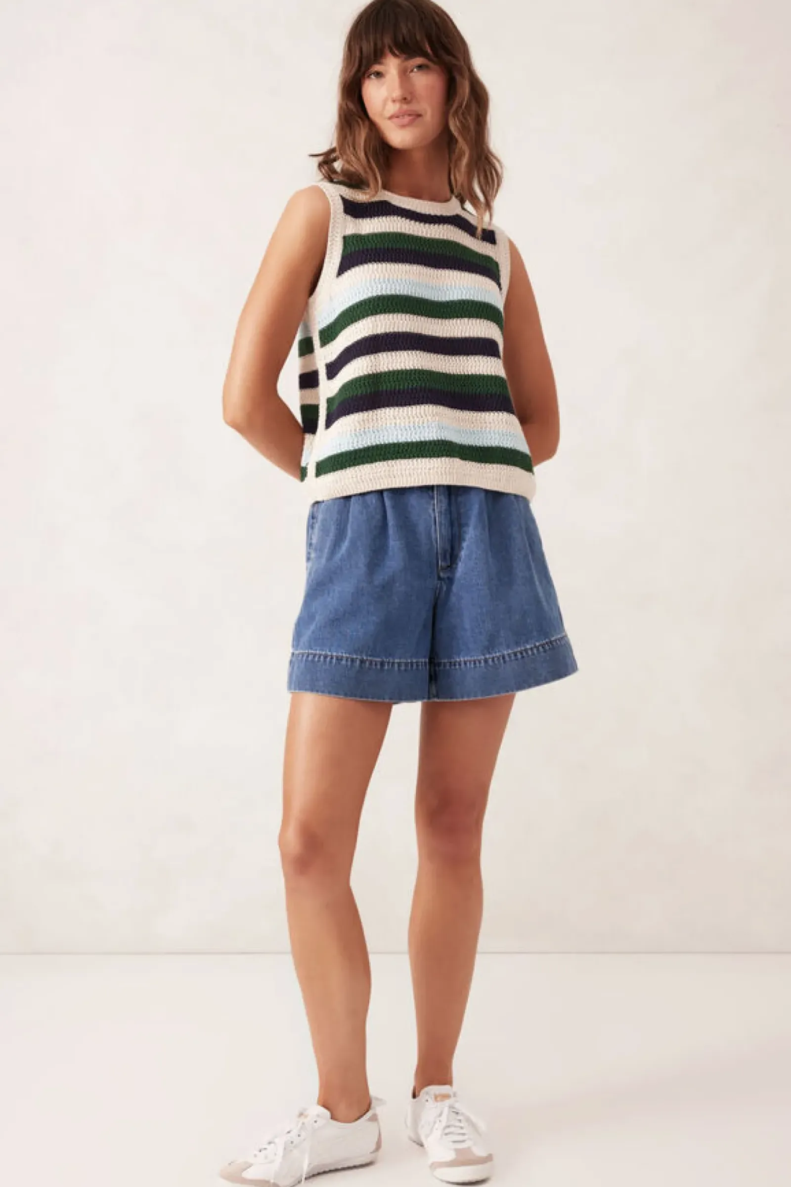 Ceres Life Textured Mulit Stripe Knit Tank - Aqua Pine Navy Stripe Sale