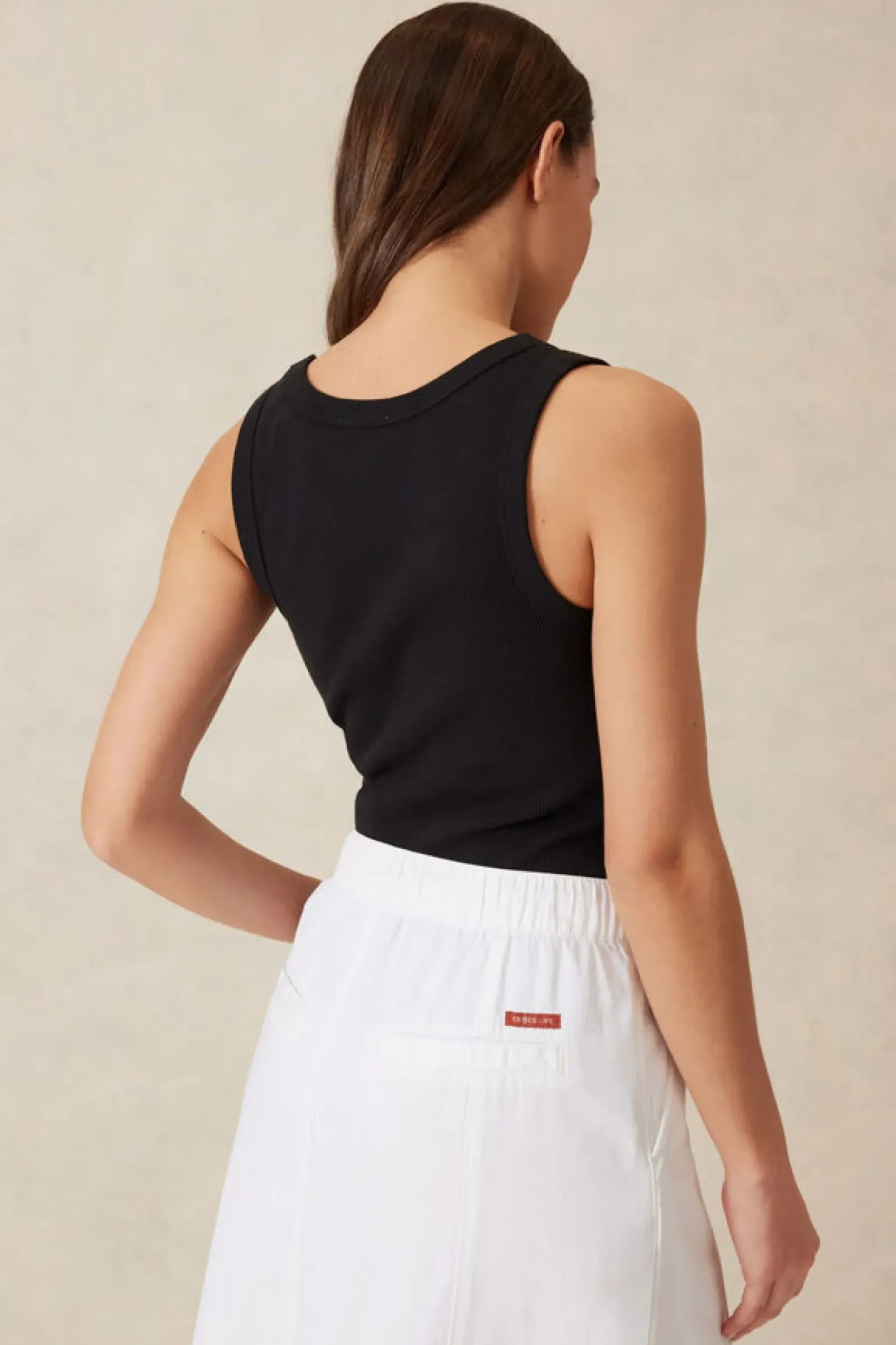 Ceres Life Contour Rib Scoop Tank - Black/White Monogram Embroidery Online