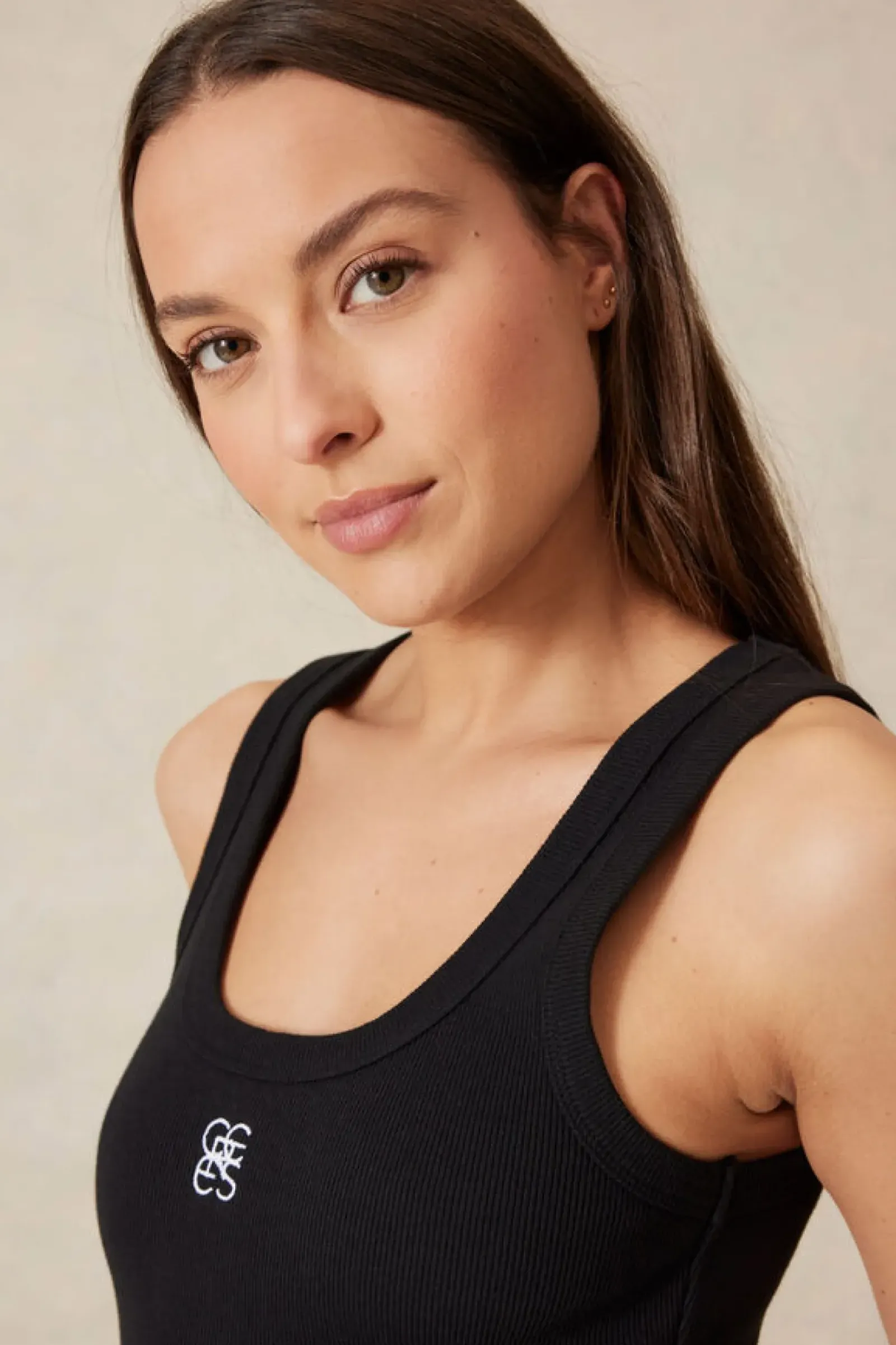 Ceres Life Contour Rib Scoop Tank - Black/White Monogram Embroidery Online