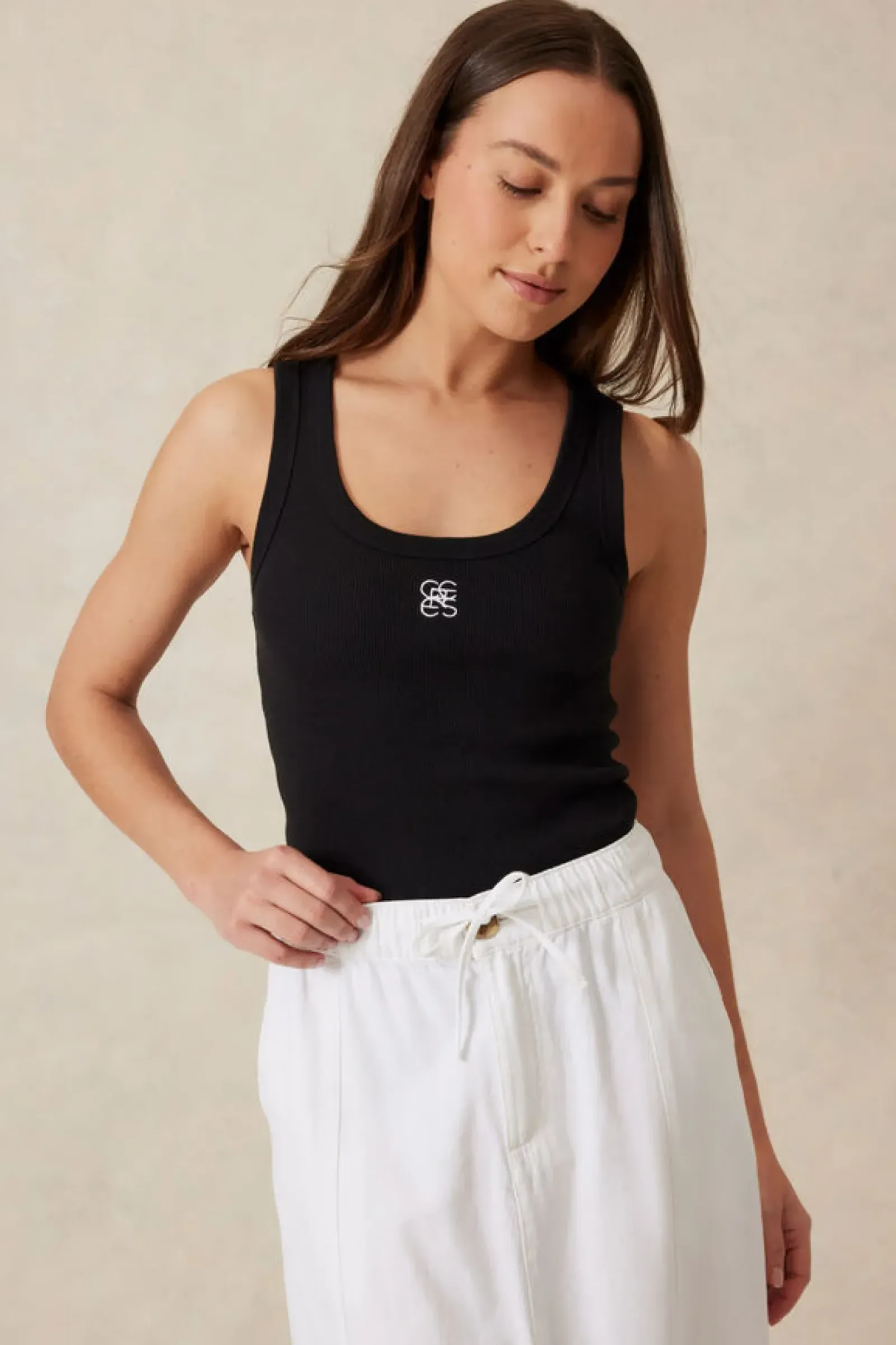 Ceres Life Contour Rib Scoop Tank - Black/White Monogram Embroidery Online
