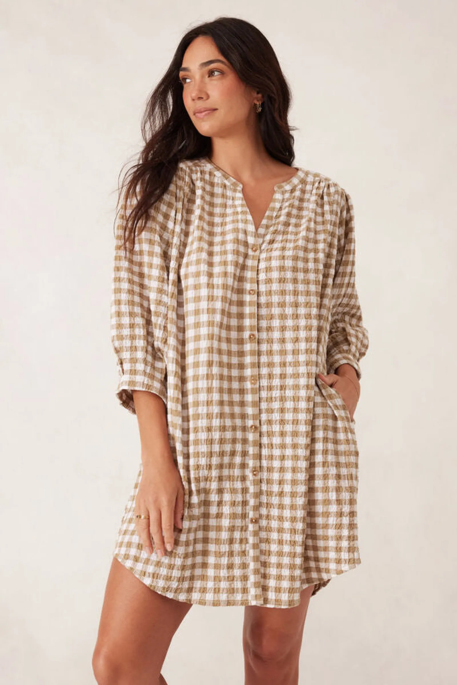 Ceres Life Crinkle Mini Dress - Fig Green/White Gingham Online