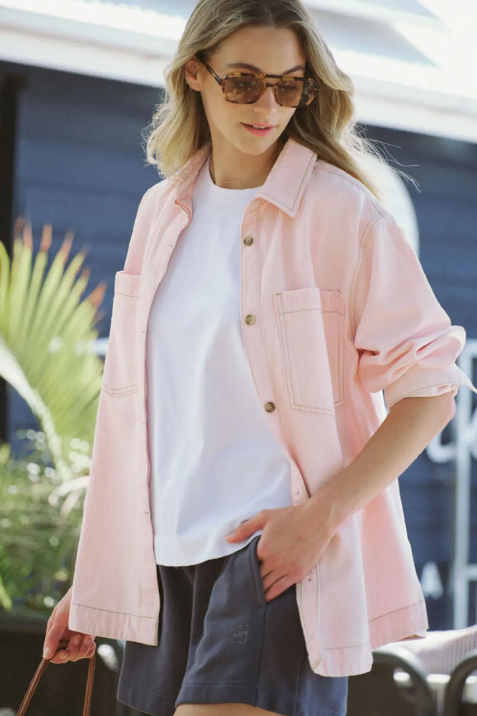 Ceres Life Curved Hem Shacket - Washed Coral Stripe Discount