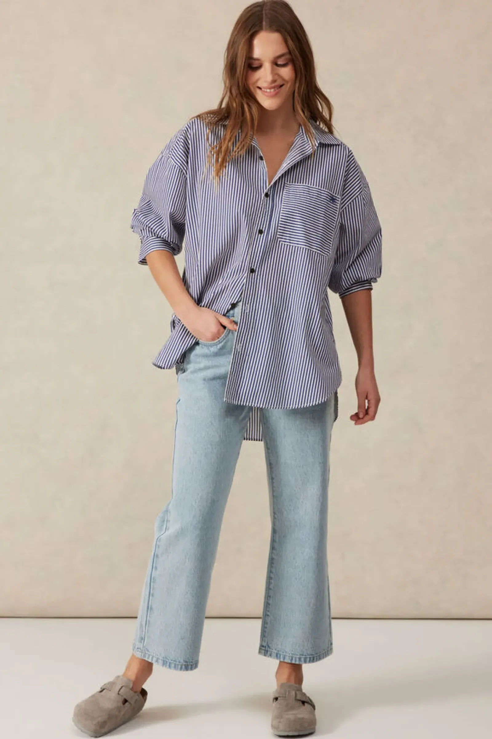 Ceres Life Oversized Organic Cotton Poplin Shirt - College Blue White Narrow Stripe Best