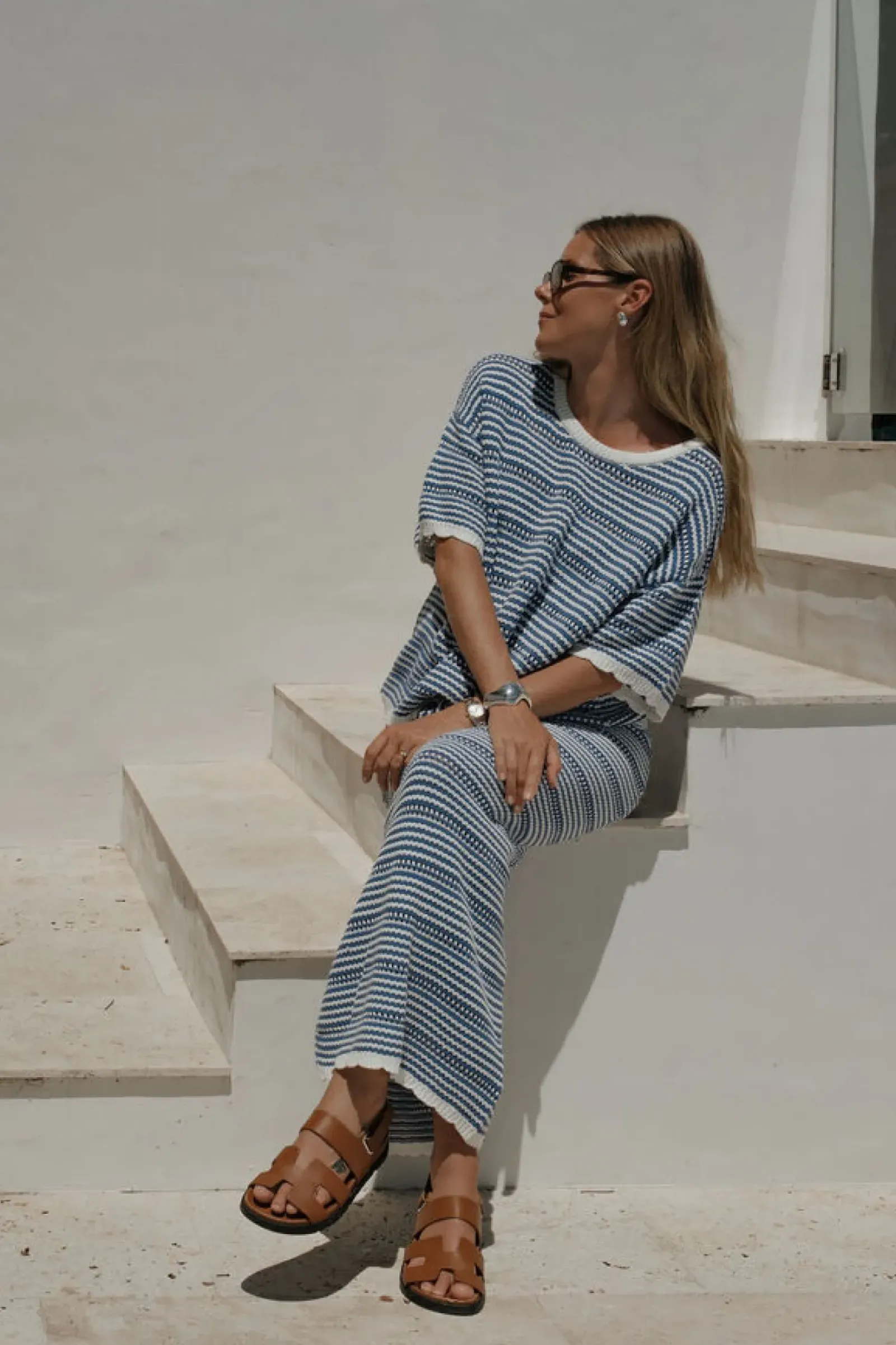 Ceres Life Textured Boxy Knit Tee - Summer Blue Stripe Sale