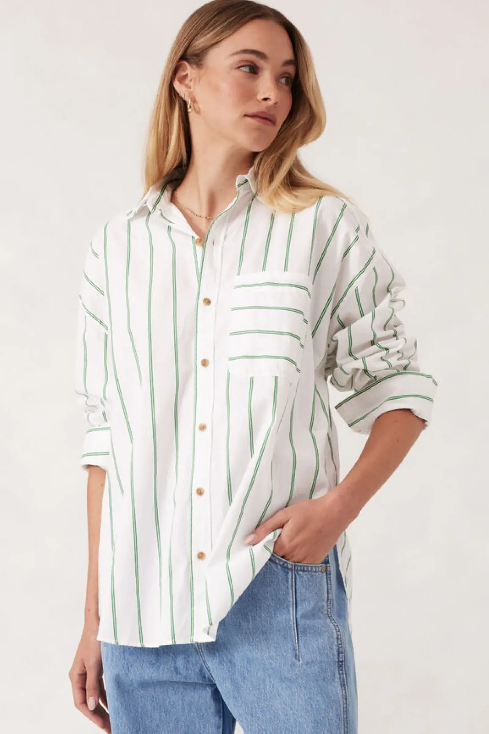 Ceres Life Oversized Poplin Shirt- Grass Fine Twin Stripe Discount