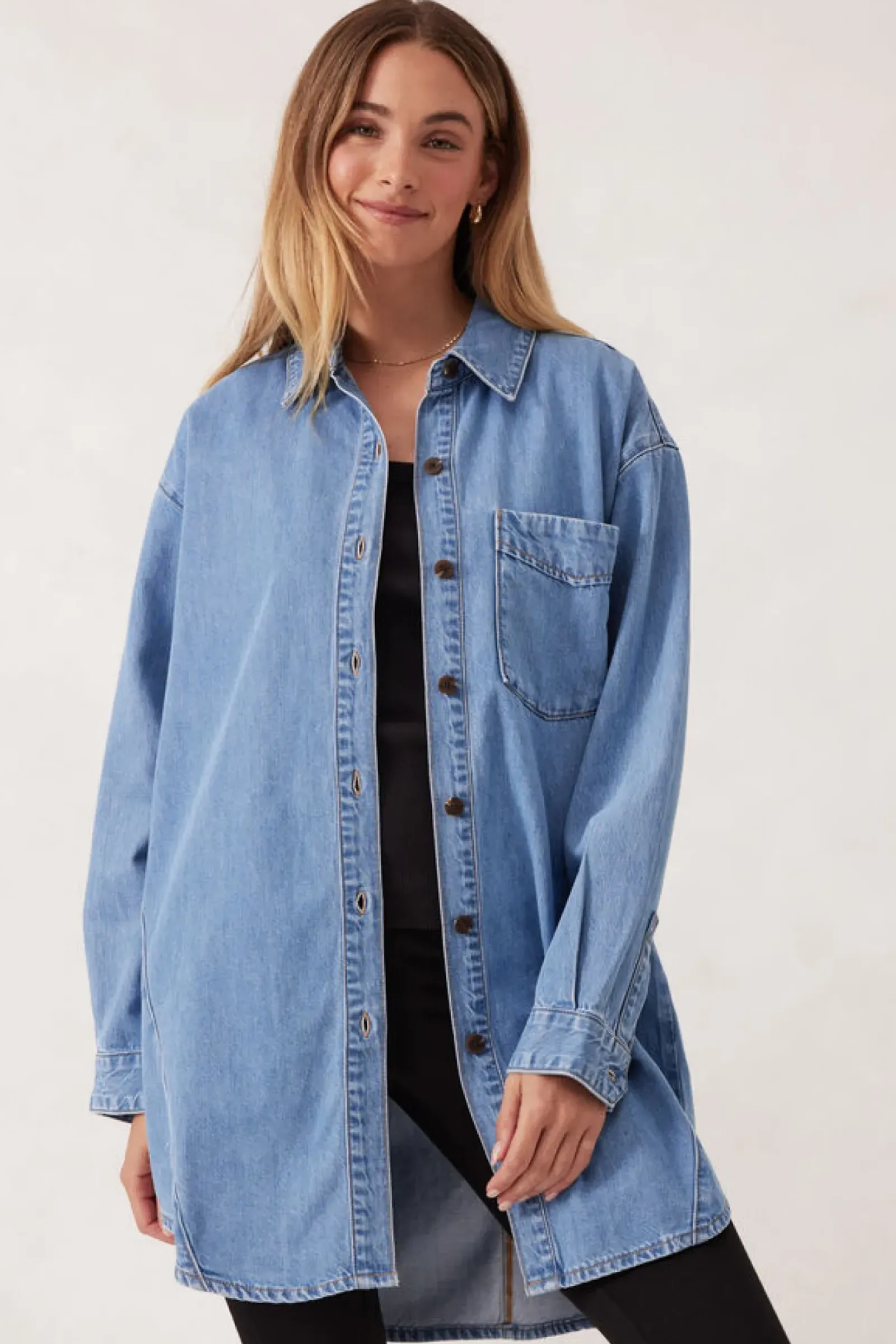 Ceres Life Longline Panelled Denim Shirt - Mid Vintage Blue Hot