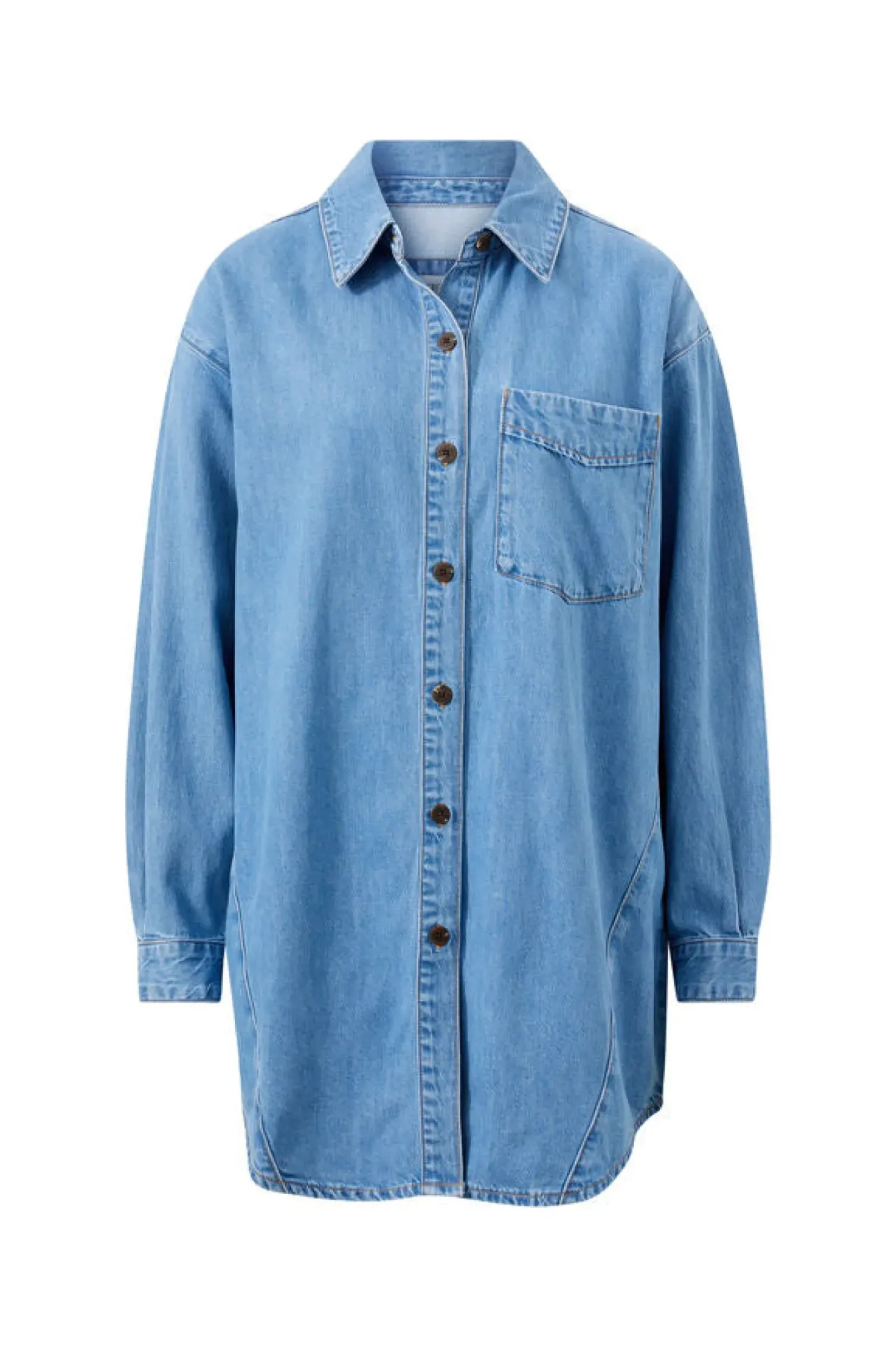 Ceres Life Longline Panelled Denim Shirt - Mid Vintage Blue Hot