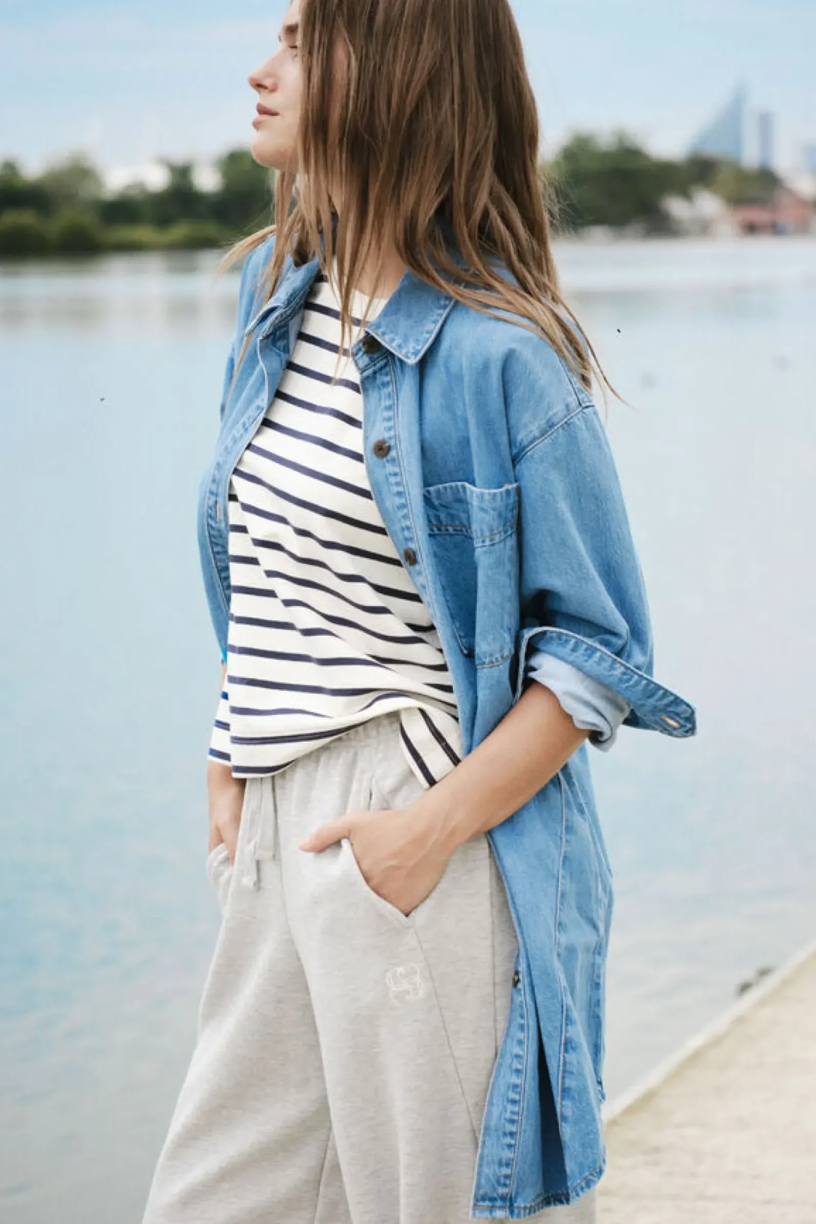 Ceres Life Longline Panelled Denim Shirt - Mid Vintage Blue Hot